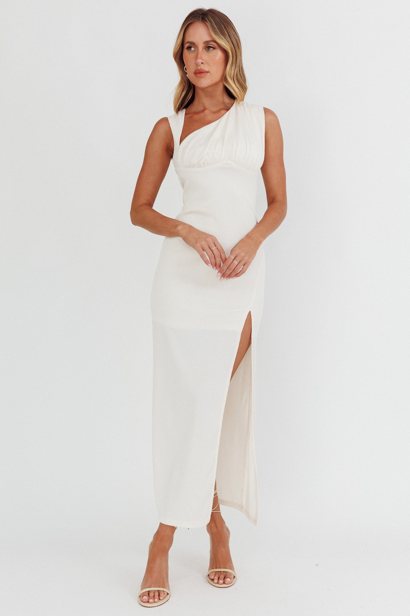 Shop the Daleela Asymmetric Neckline Maxi Dress Vanilla | Selfie Leslie