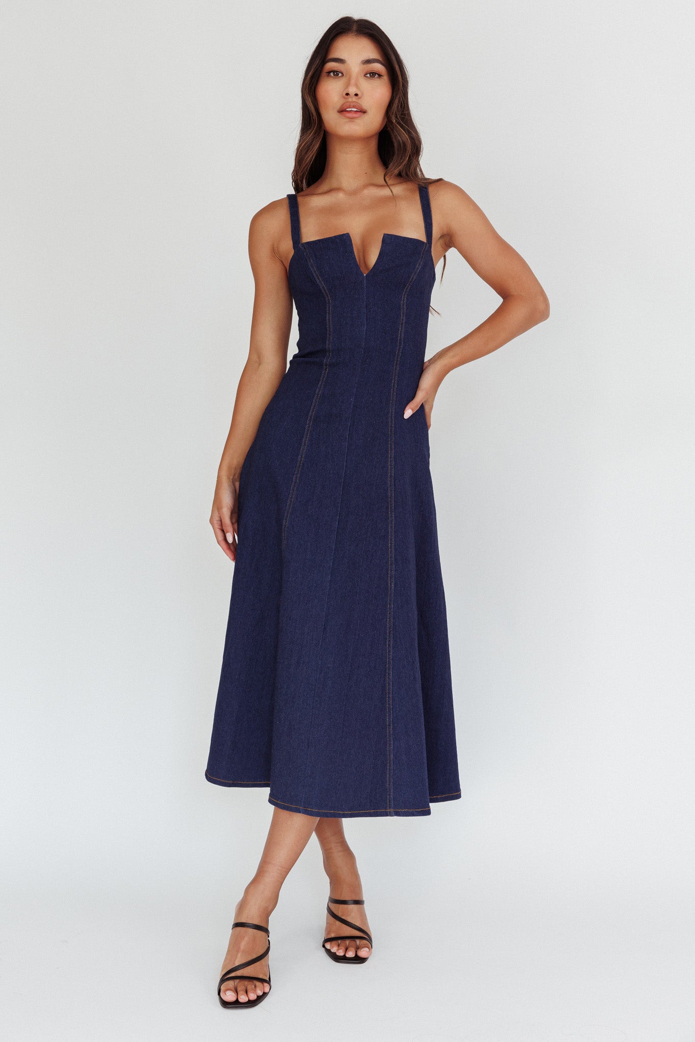 Shop the Catch My Drift A-Line Midi Dress Dark Blue | Selfie Leslie