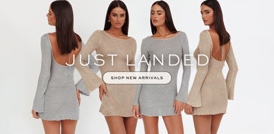 Girl wearing long sleeve mini dress. Just Landed. Shop New Arrivals