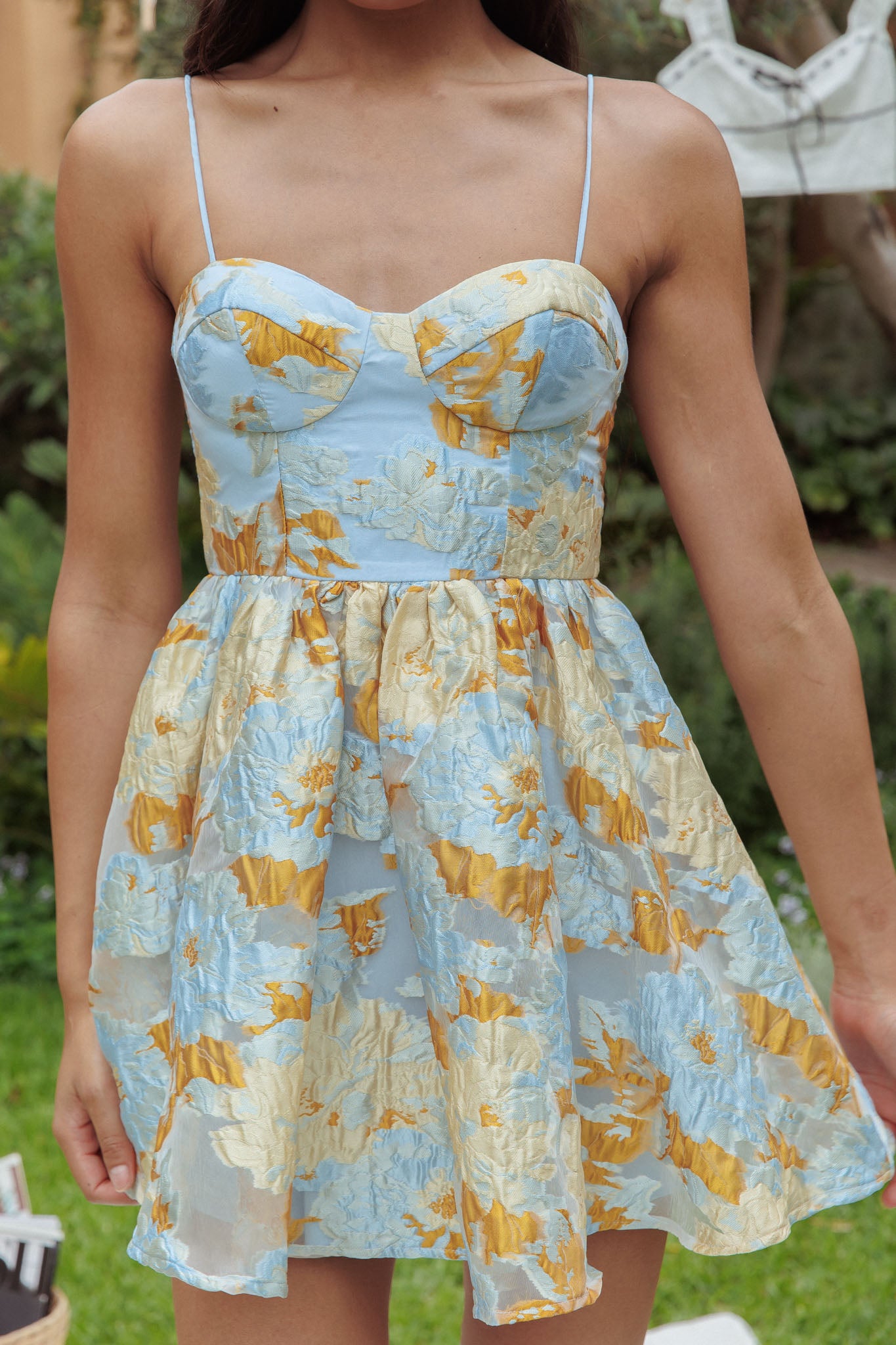 Shop the Belle Enchante Cami Strap Jacquard Mini Dress Blue