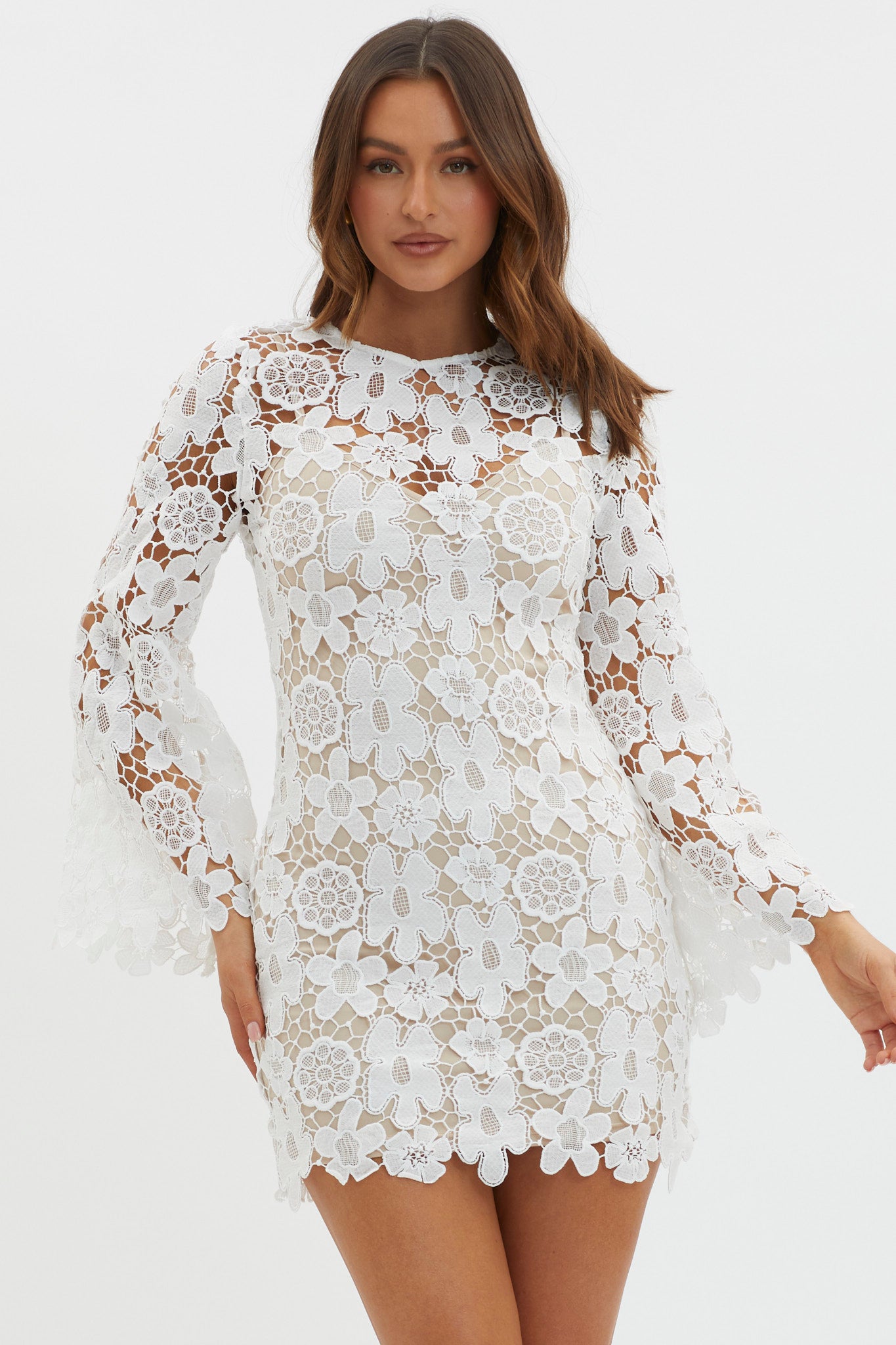 Shop the Reinhart Flared Sleeve Crochet Lace Dress White Selfie Leslie