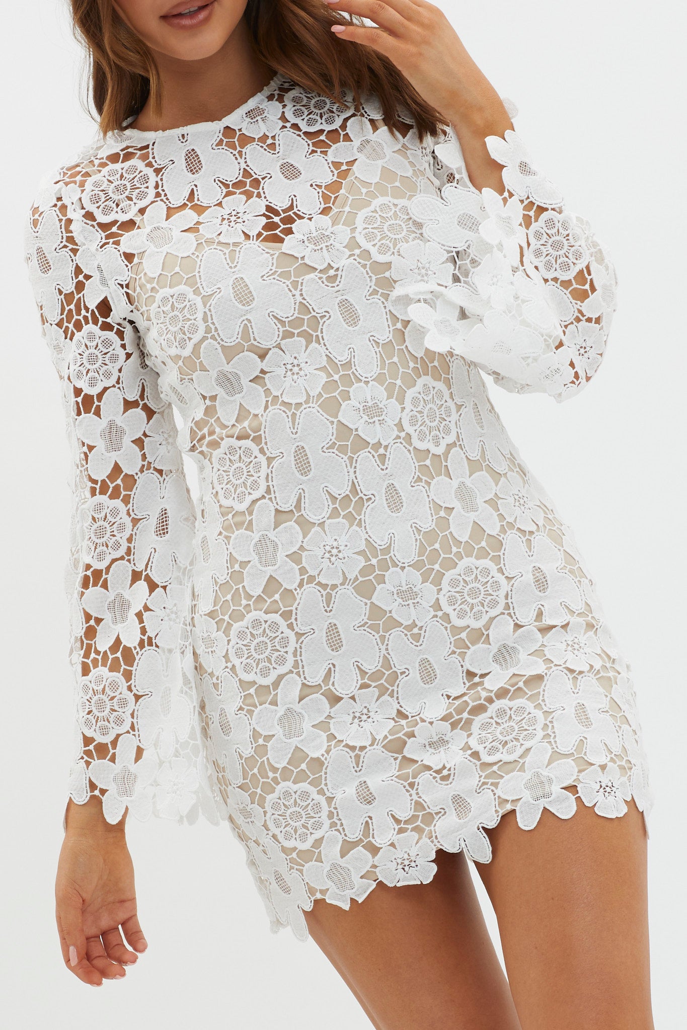 White Long retailer sleeve crochet lace teddy with deep V front