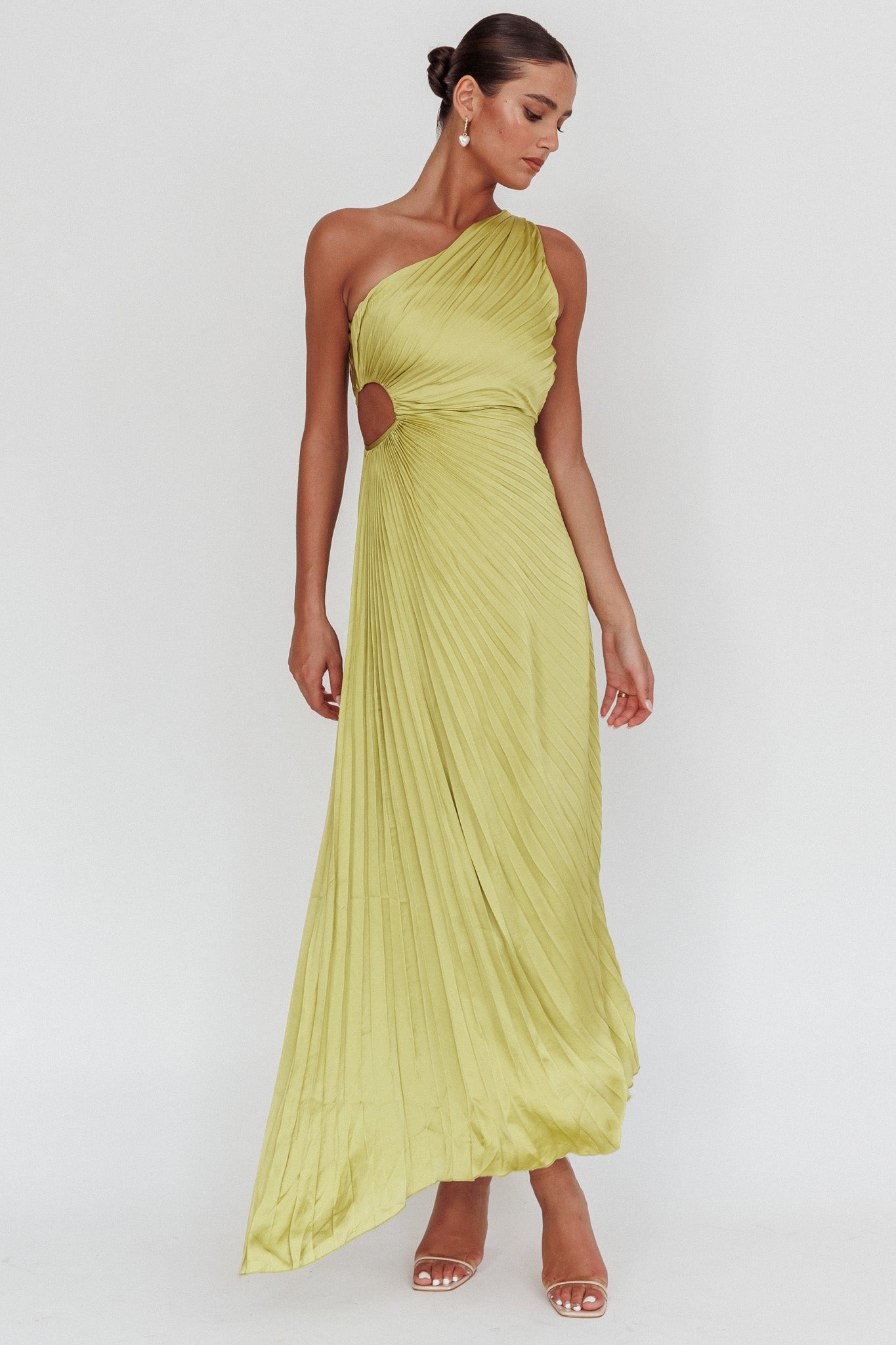 Shop The Amelie One Shoulder Accordion Pleat Maxi Dress Lime Selfie Leslie