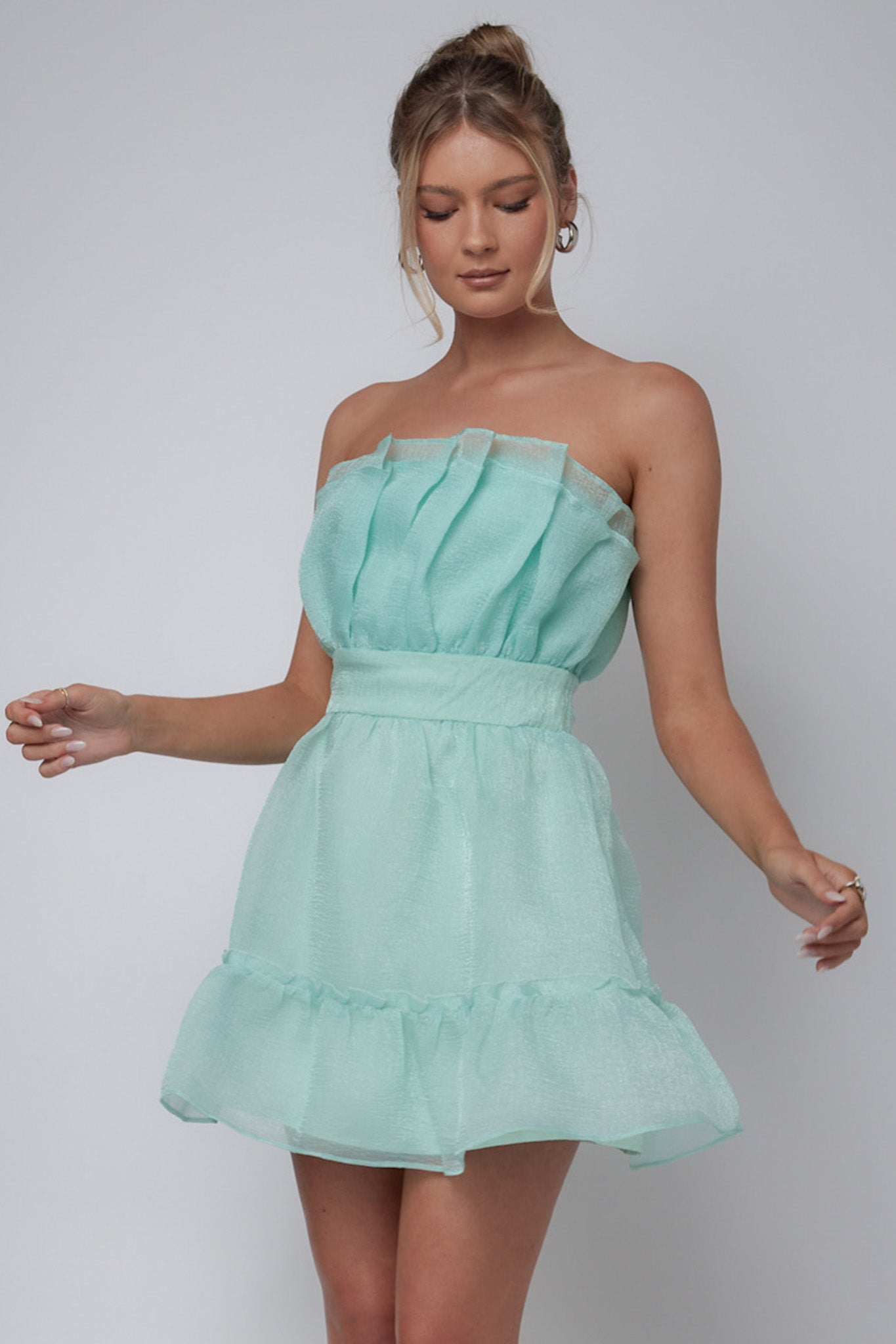 Shop the Marisela Strapless Frill Hem Mini Dress Mint Selfie Leslie