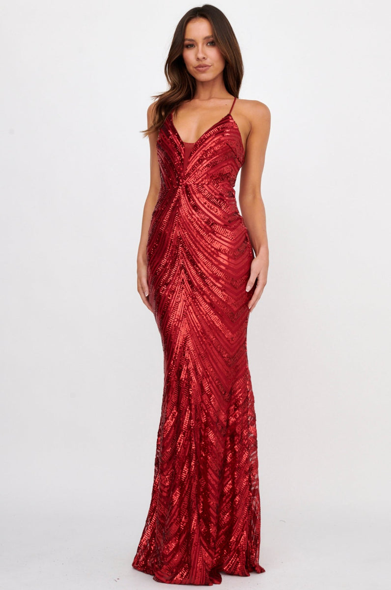 Shop The Dalila Open Tied Back Sequin Maxi Dress Red Selfie Leslie