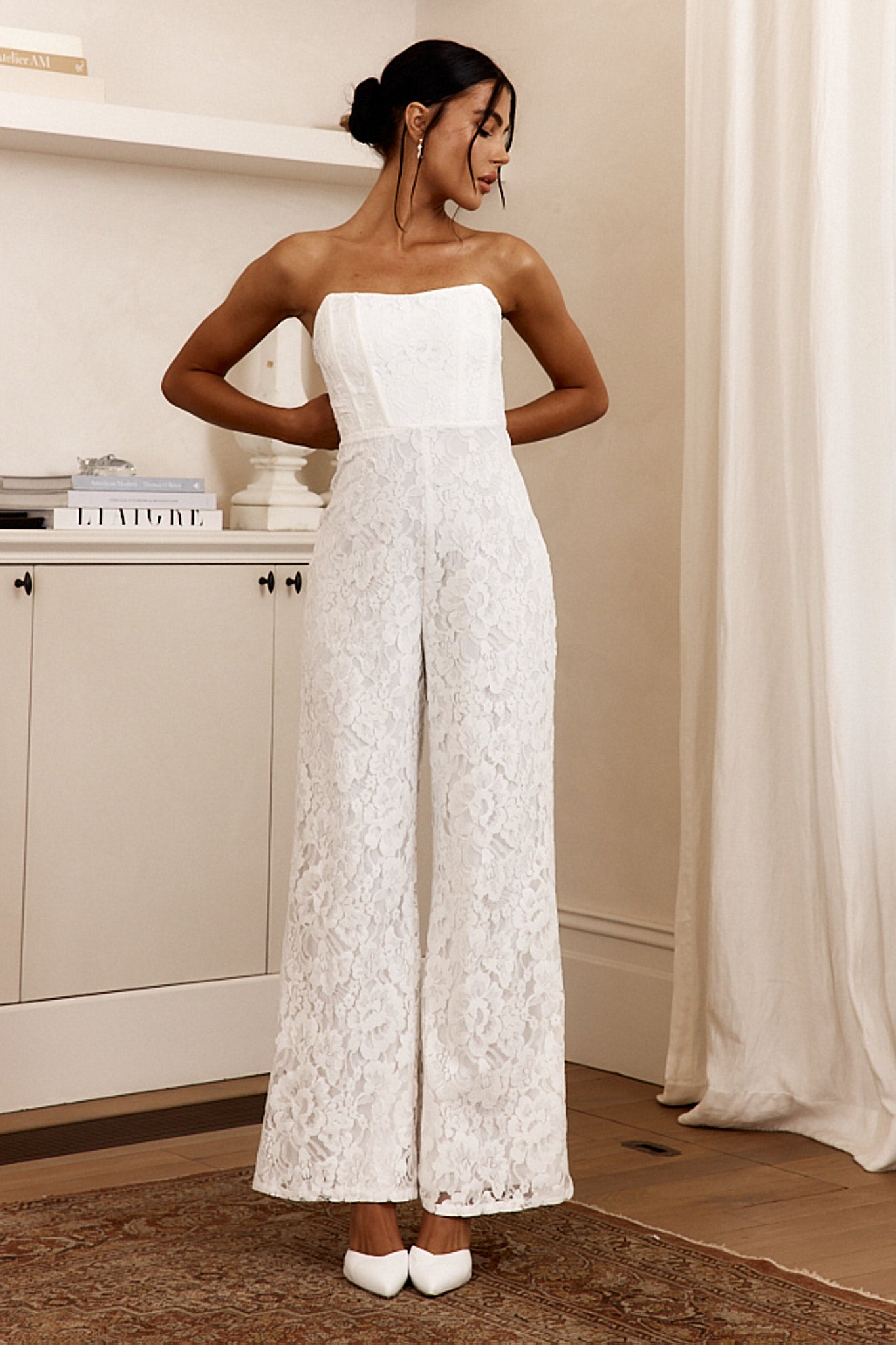 Shop the Ankita Strapless Lace Jumpsuit White Selfie Leslie
