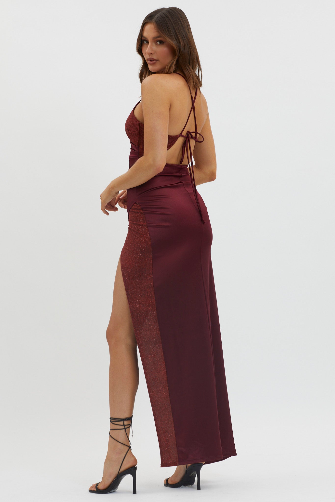 Shop the Granada Tied Back Split Maxi Dress Wine | Selfie Leslie