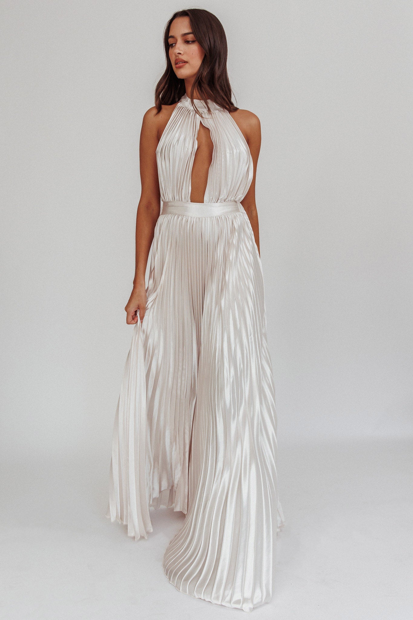 Shop the Monarch Pleated Satin Maxi Dress Champagne | Selfie Leslie