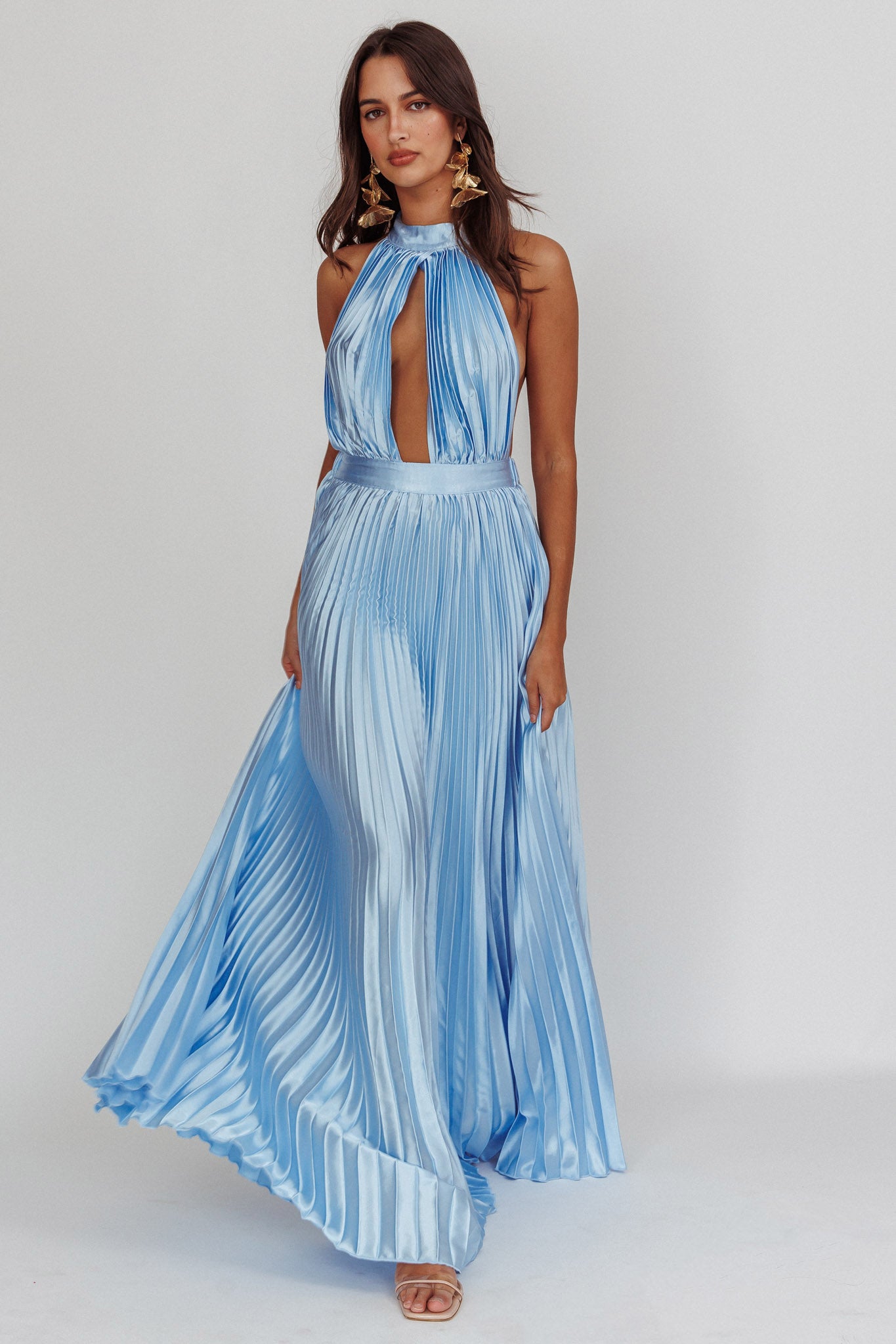 Monarch Pleated Satin Maxi Dress Light Blue