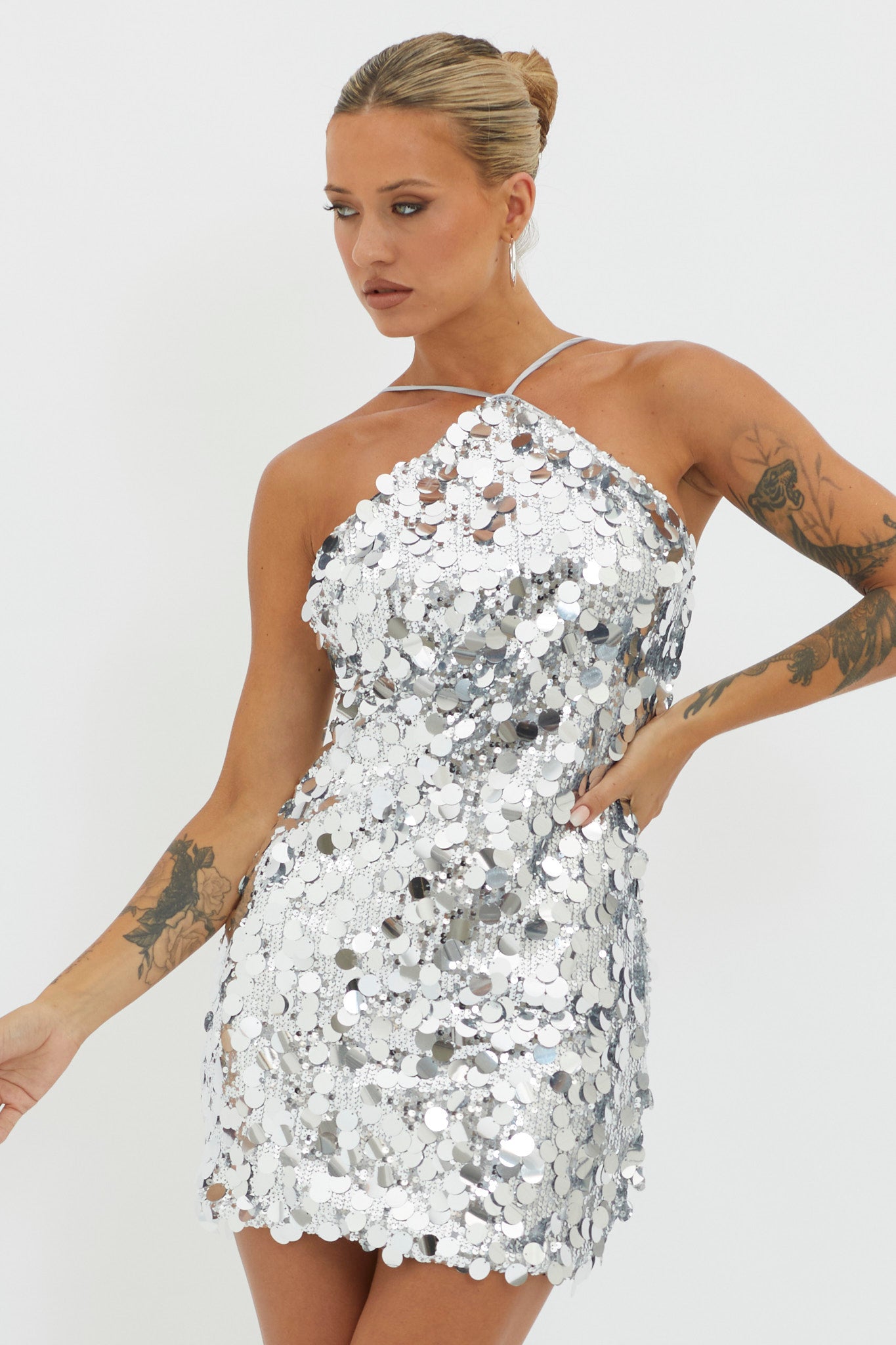 Shop the Champagne Twist Sequin Mini Dress Silver | Selfie Leslie