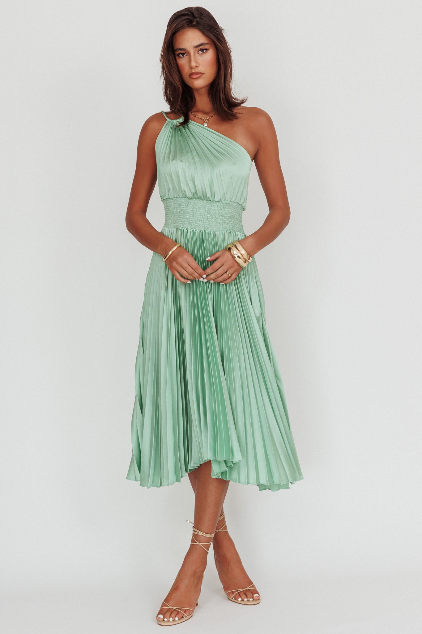 Shop the Calissa One Shoulder Pleated Midi Dress Sage | Selfie Leslie