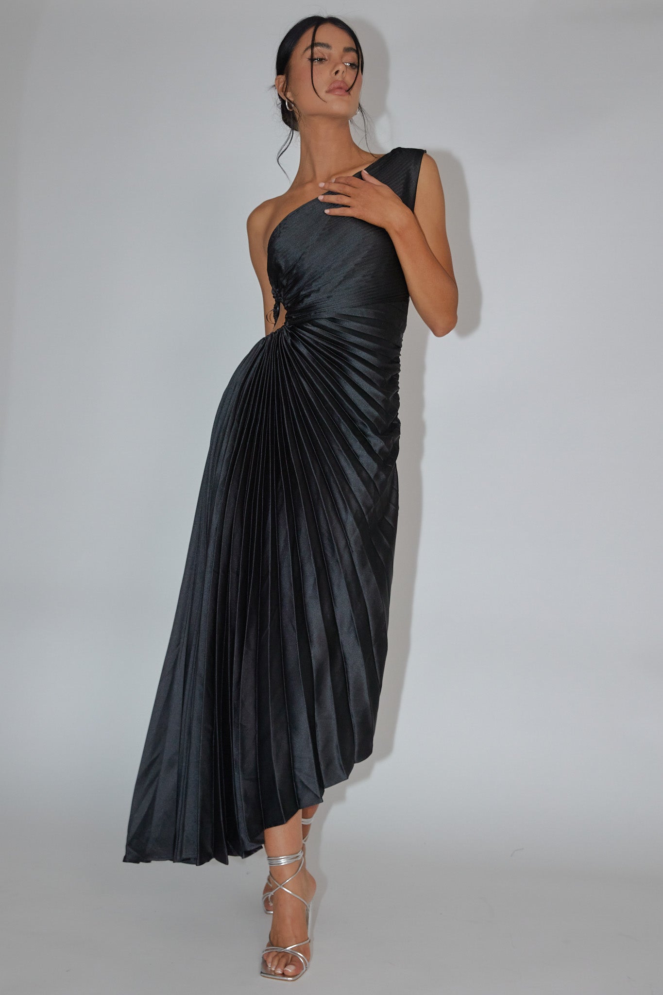 Shop the Brooklynn One-Shoulder Accordion Pleat Dress Black