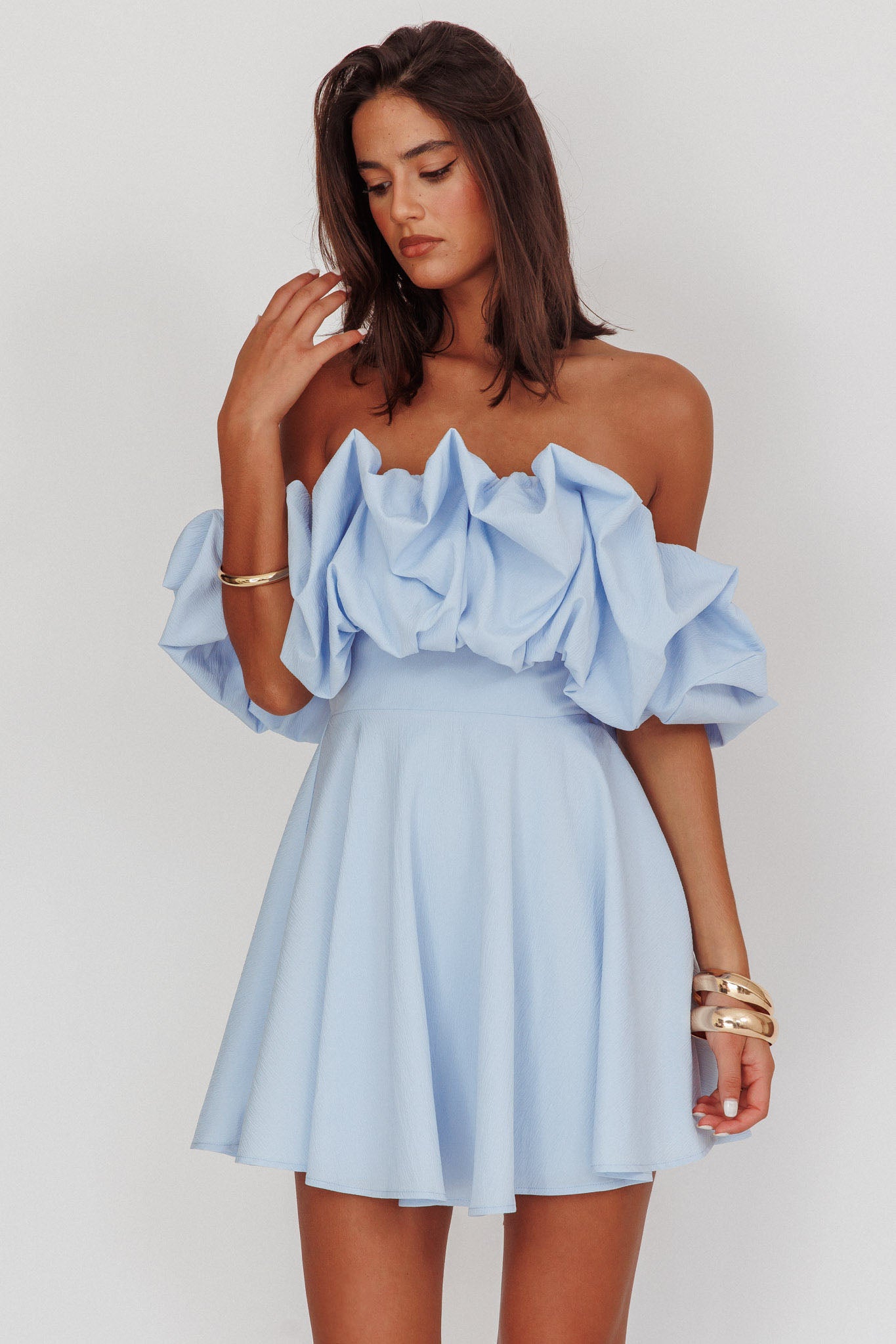 Kailynn Off Shoulder A Line Mini Dress Blue