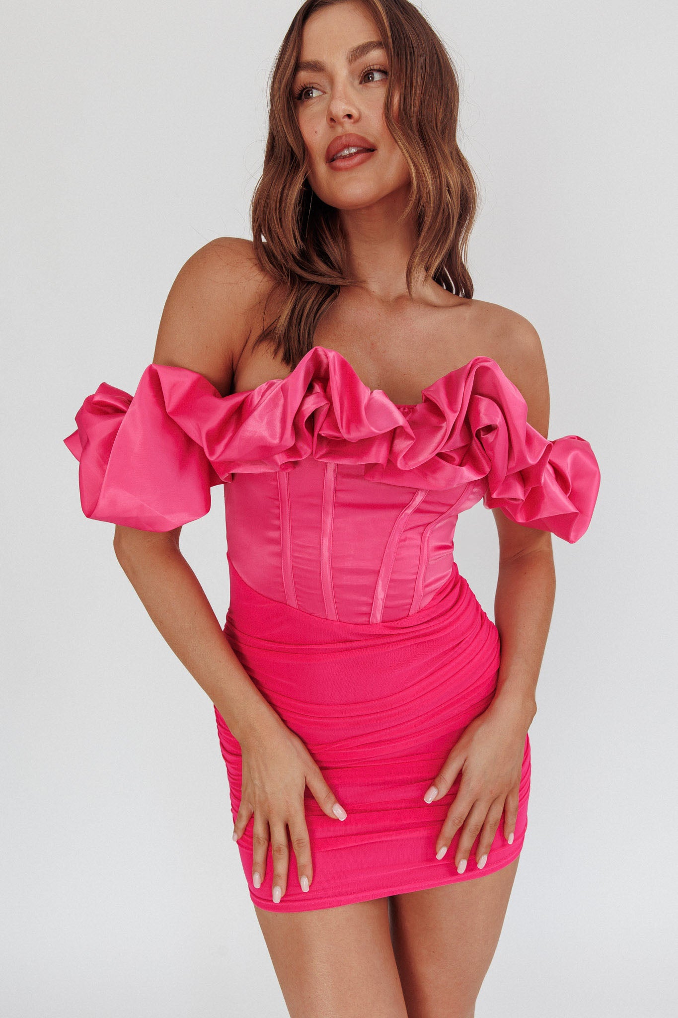 Shop the Arista Off-Shoulder Ruched Mini Dress Hot Pink | Selfie Leslie