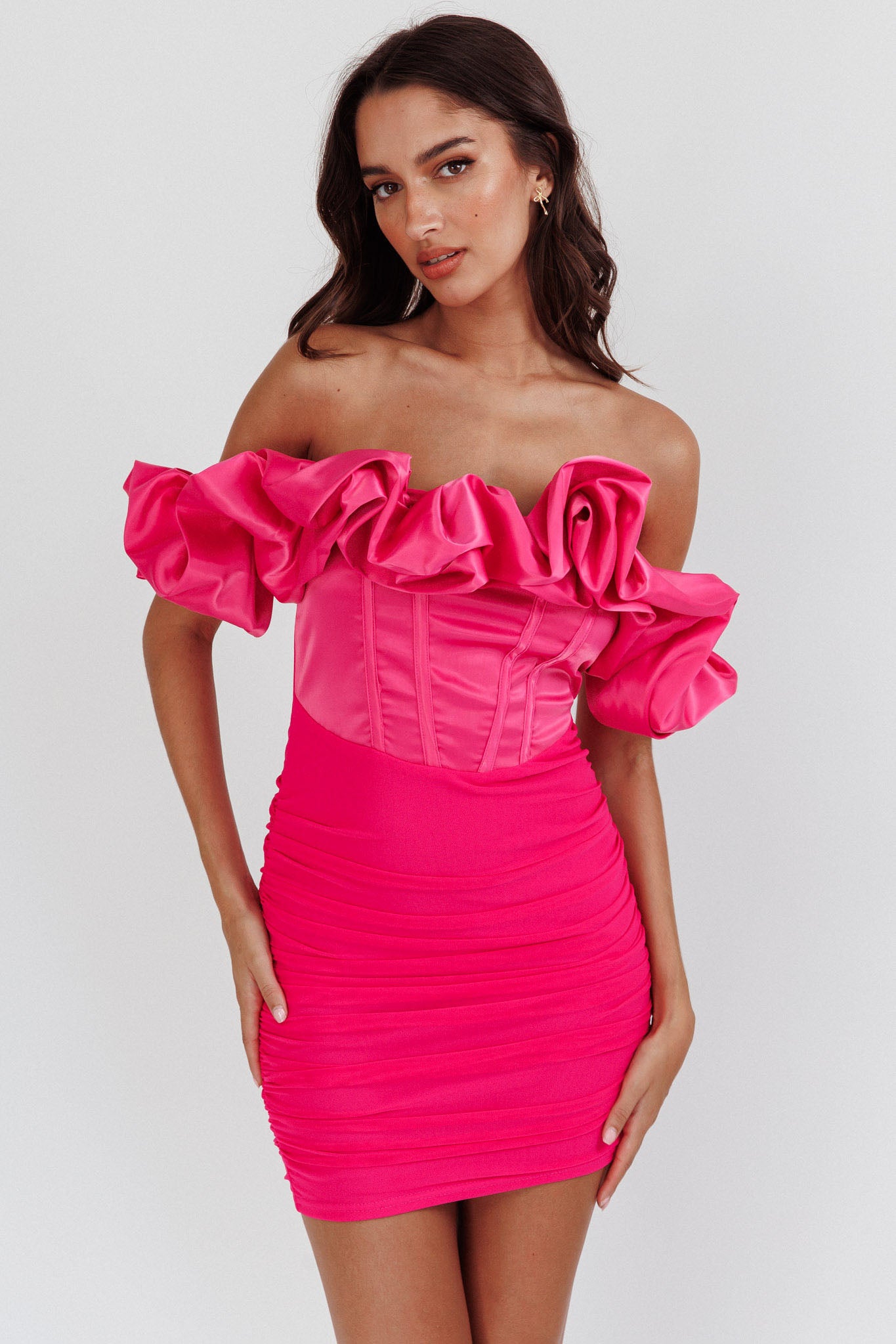Shop the Arista Off-Shoulder Ruched Mini Dress Hot Pink | Selfie Leslie