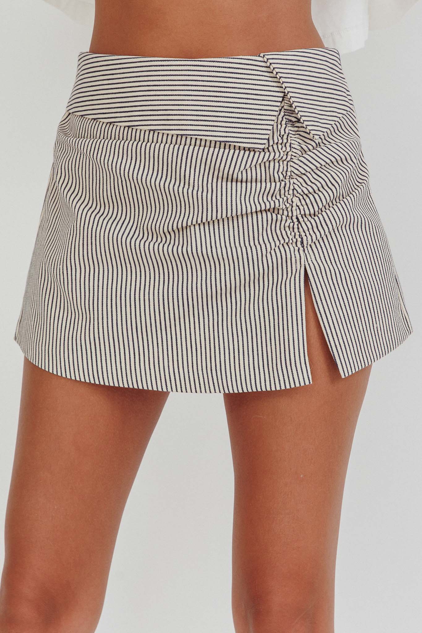 Shop the Dariah Foldover Slit Mini Skirt Stripe Linen | Selfie Leslie