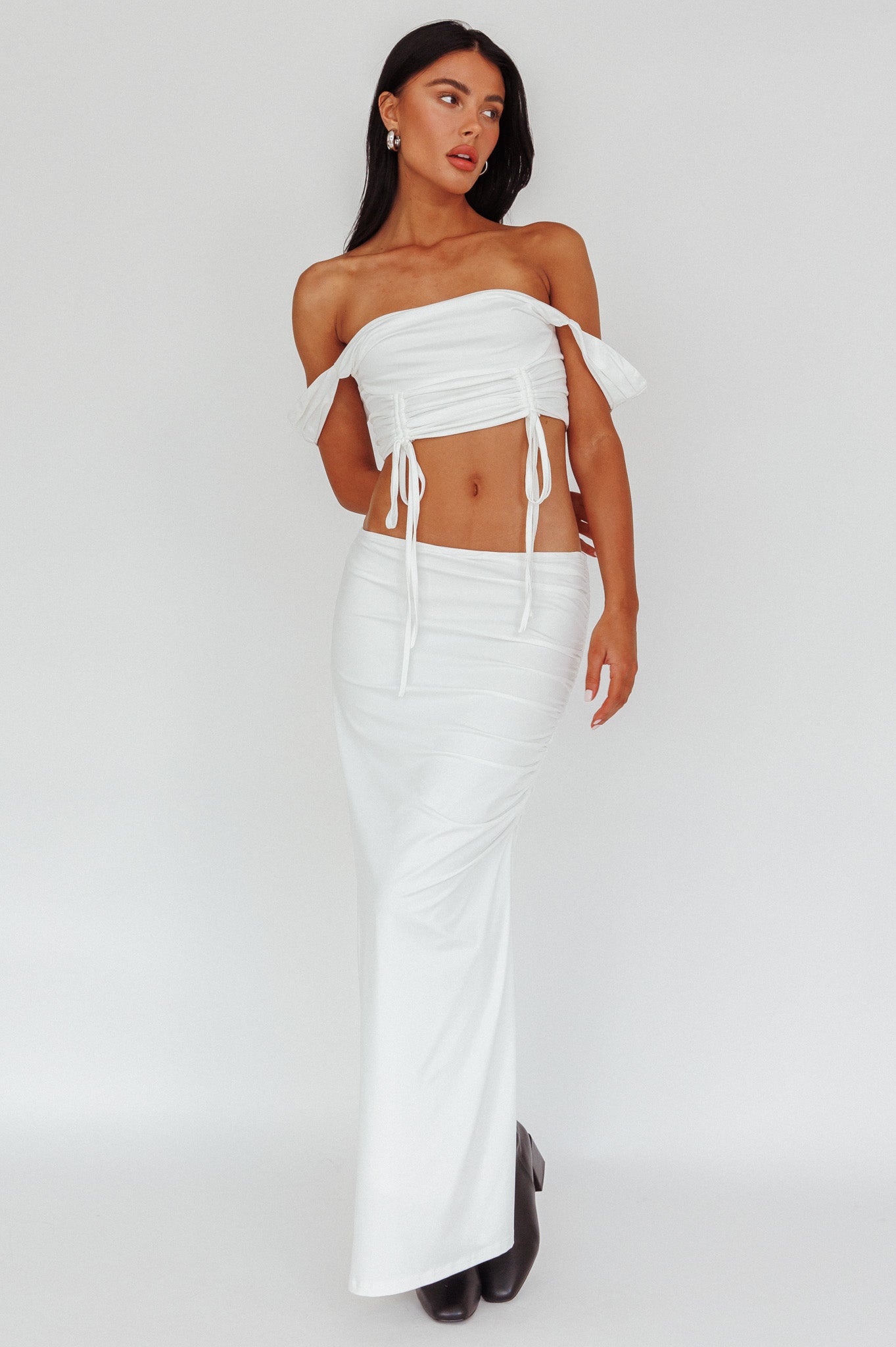 White ruched 2025 maxi skirt