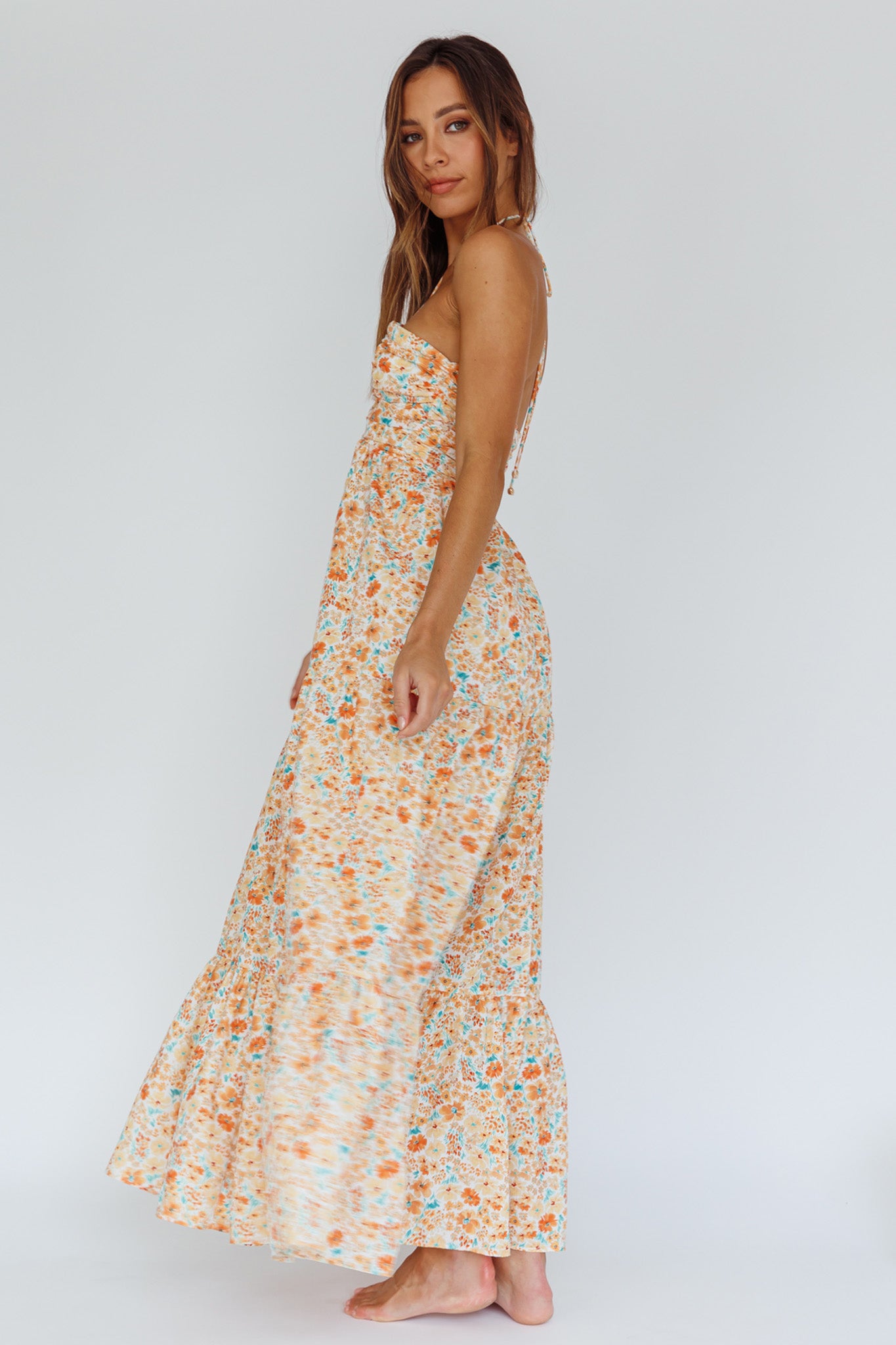 Shop the Asiah Halterneck Maxi Dress Flowers Orange | Selfie Leslie