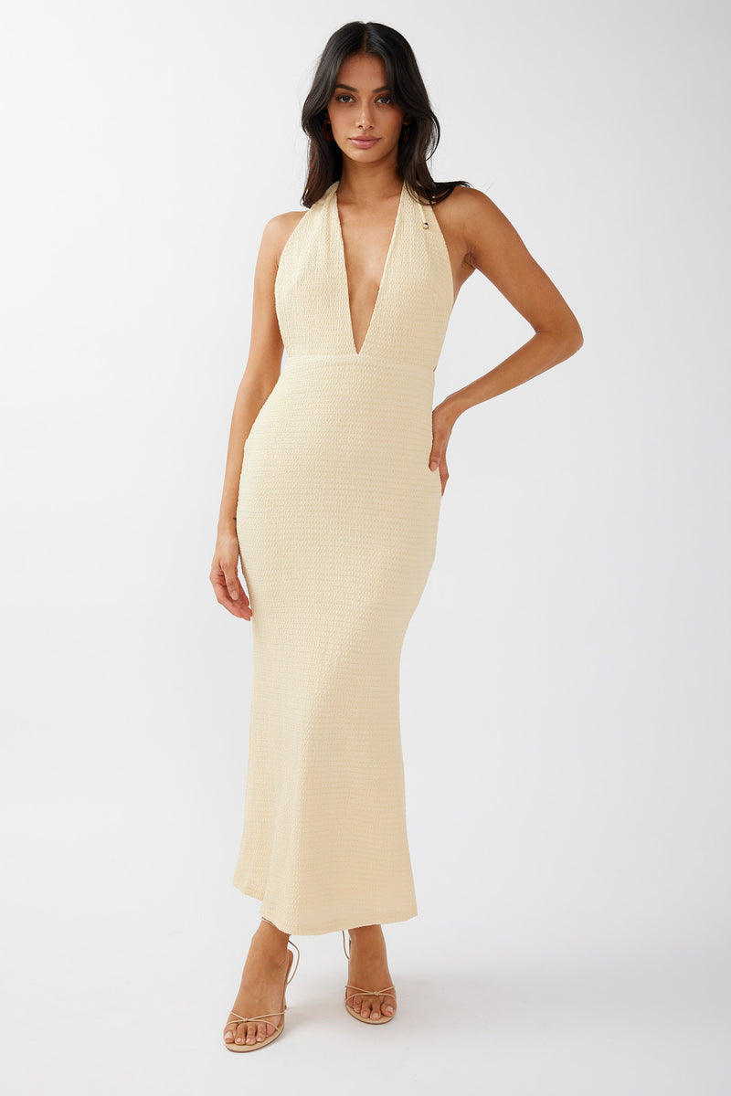 Shop the Mayah Halterneck Maxi Dress Textured Lemon | Selfie Leslie