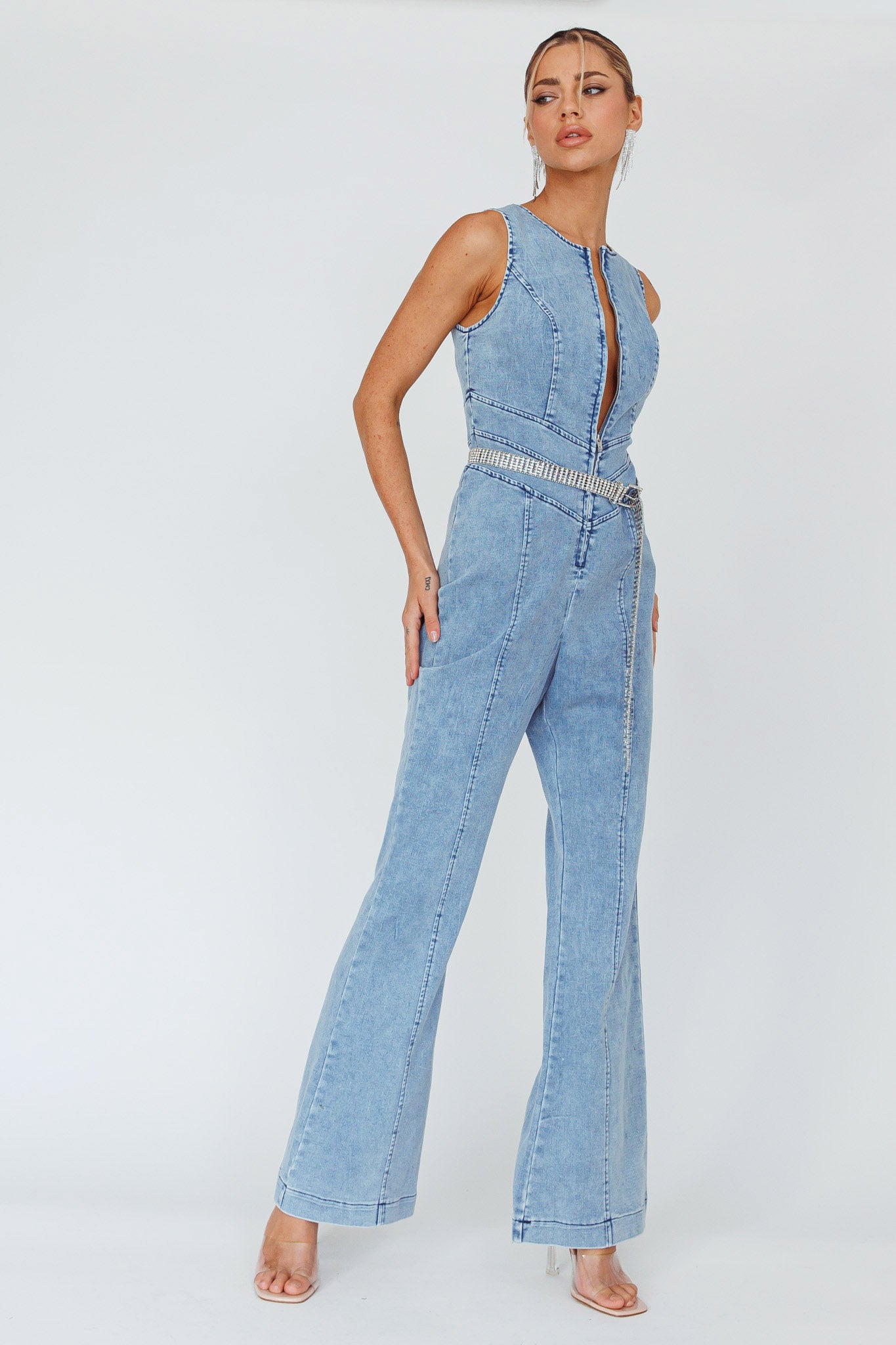 Shop the Teigan Heart Back Sleeveless Jumpsuit Light Denim | Selfie Leslie