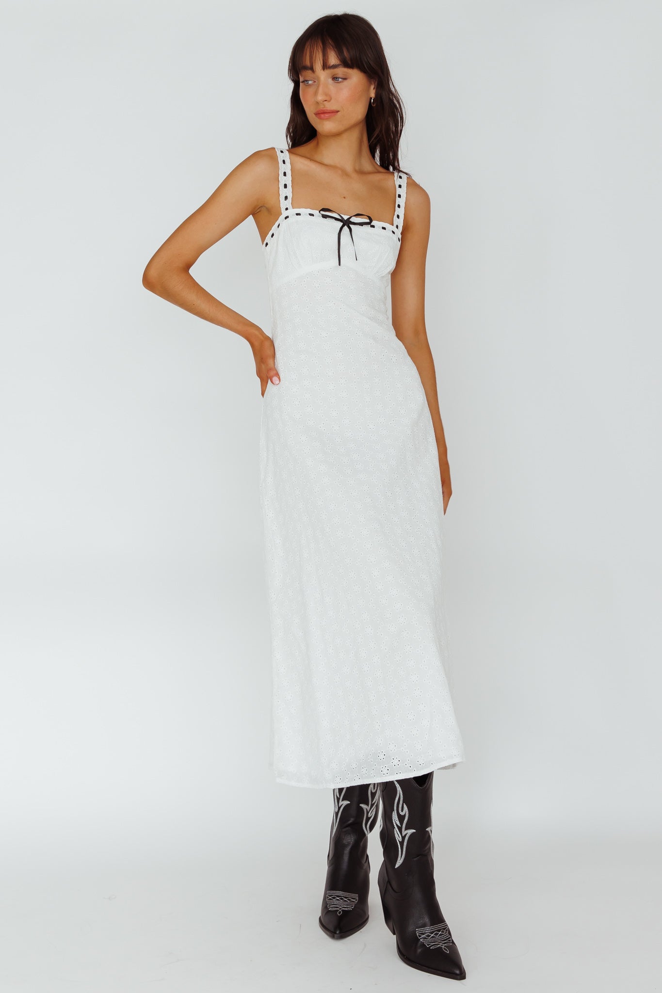 Shop the Sunbeam Eyelet Embroidery Midi Dress White