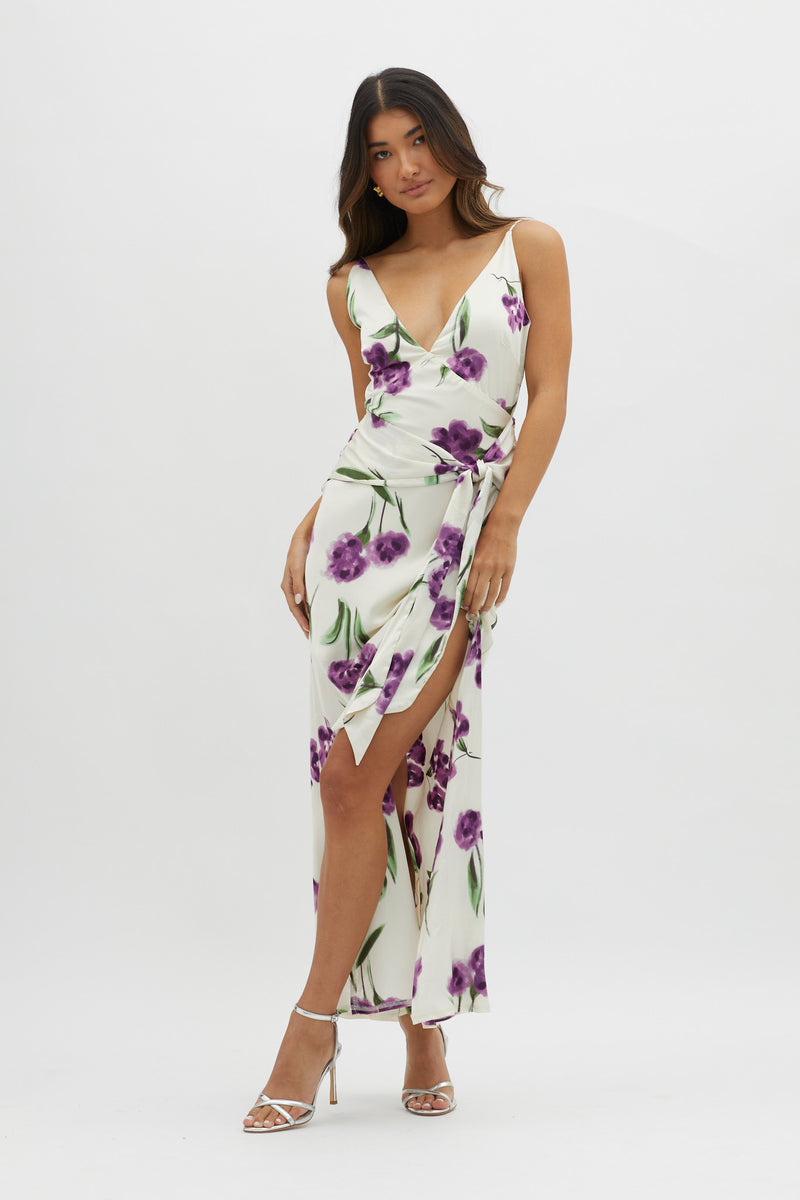 Shop the Corinna Tied Waist Split Dress Floral Purple | Selfie Leslie