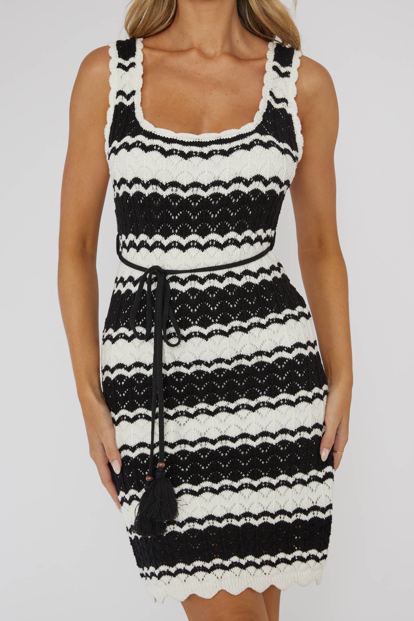 Shop the Wander Lust Crochet Mini Dress Striped Black | Selfie Leslie