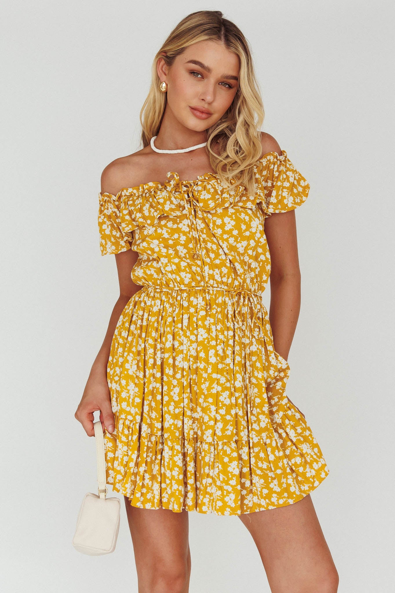 Shop the Andie Off-Shoulder Frill Dress Floral Yellow | Selfie Leslie