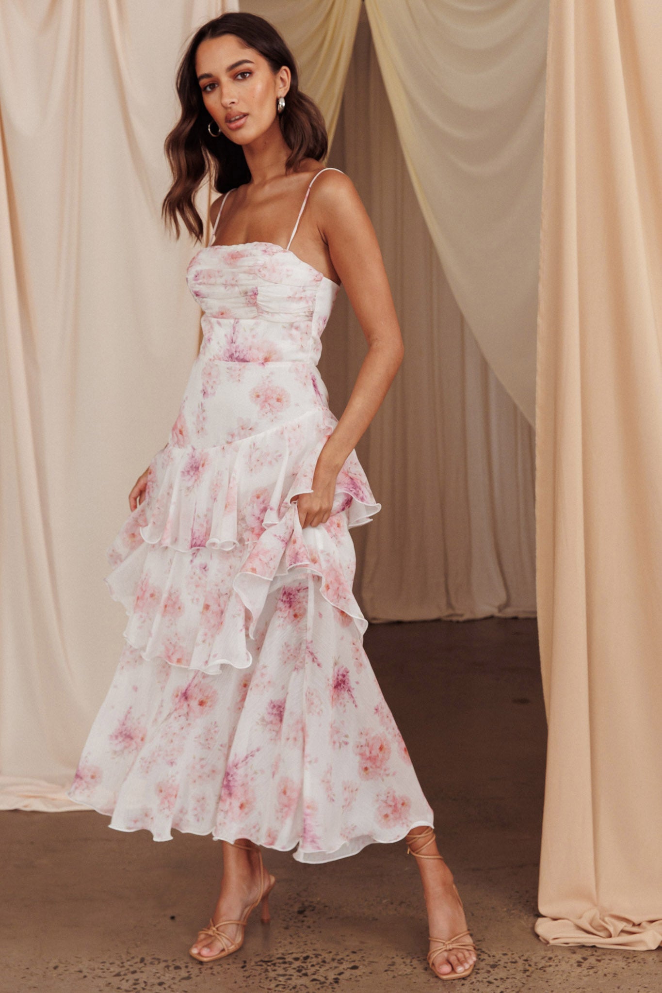 Shop the Veda Tiered Layer Midi Dress Floral Blush | Selfie Leslie