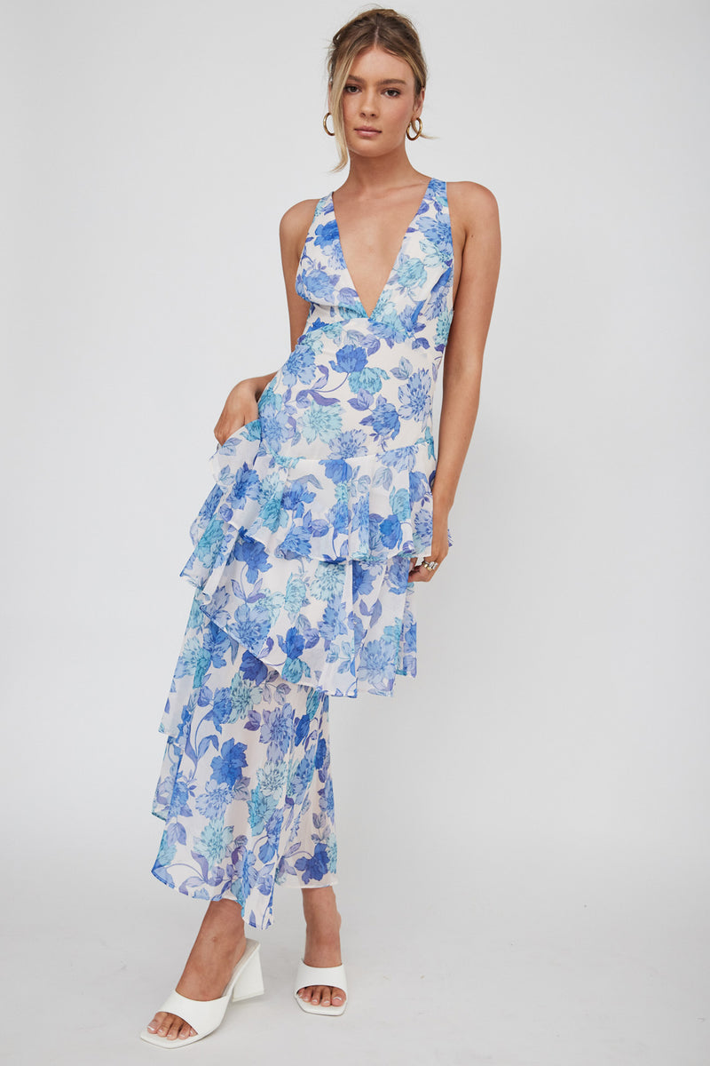 Shop the Veda Strappy Back Ruffle Midi Dress Floral Blue | Selfie Leslie
