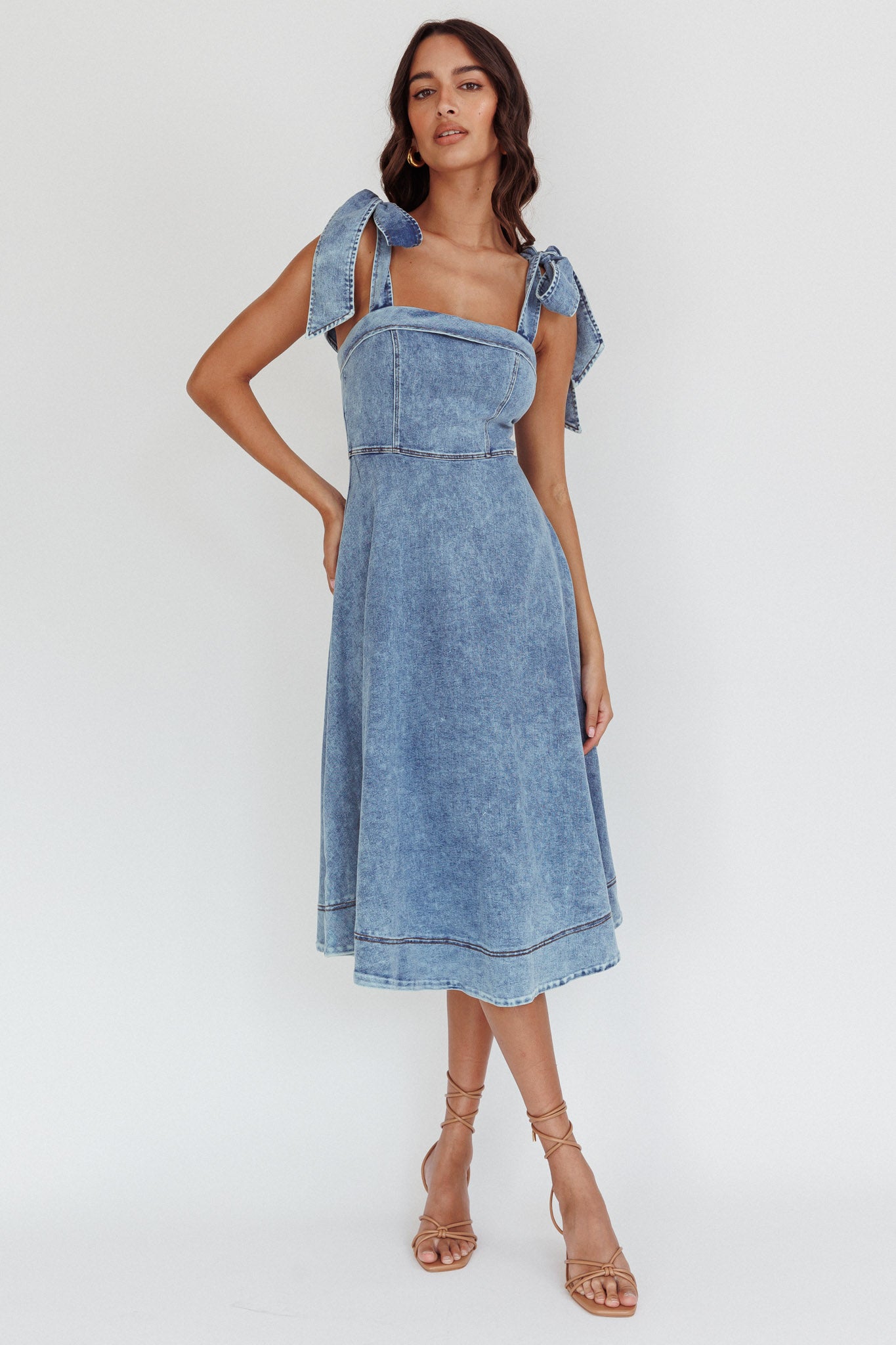 Shop the Jeanie Bow Shoulder Midi Dress Wash Denim Blue | Selfie ...