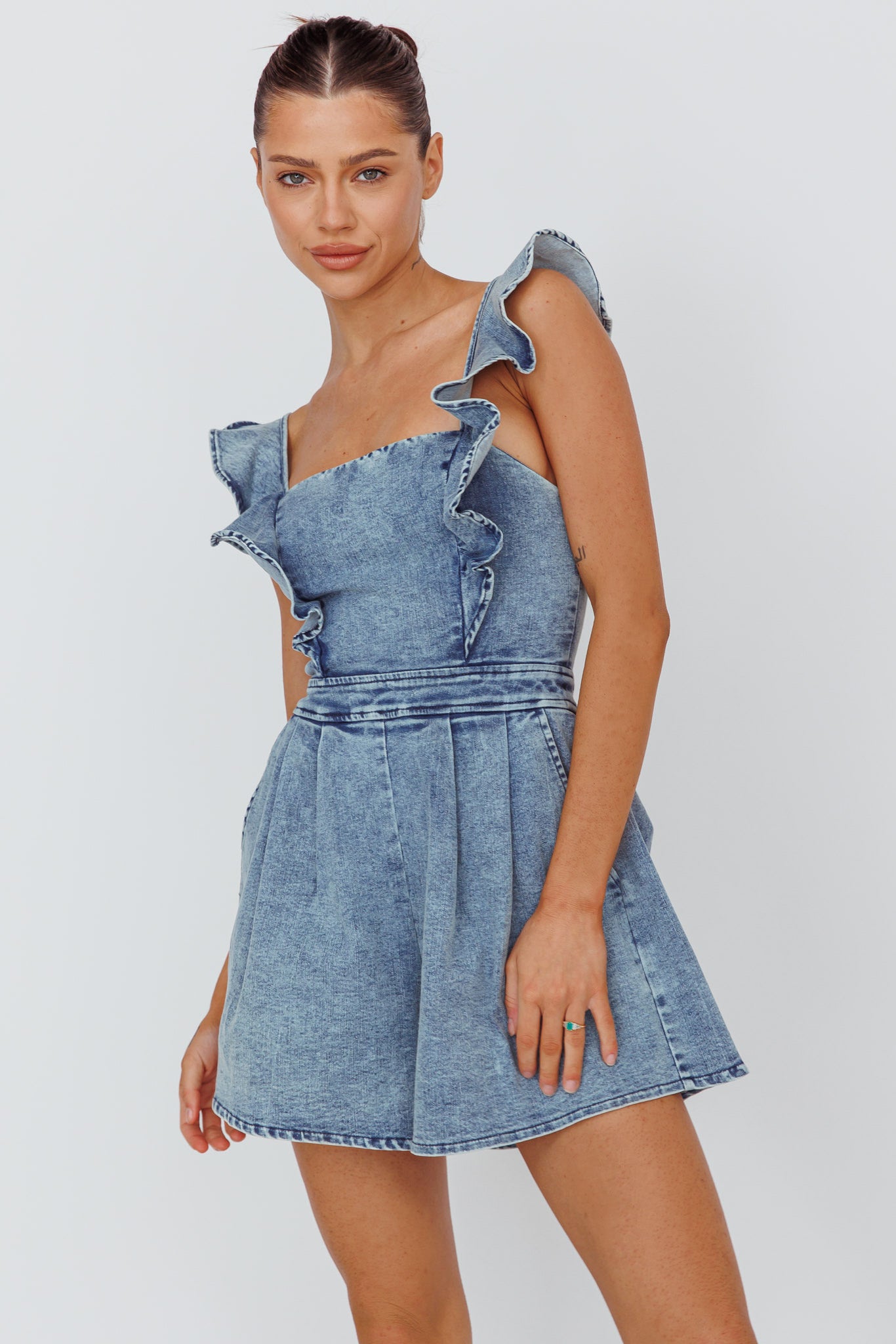 Selfie LESLIE Women s Jumpsuits Rompers Nola Flared Ruffle Romper Denim Xs by Selfie LESLIE Clearance