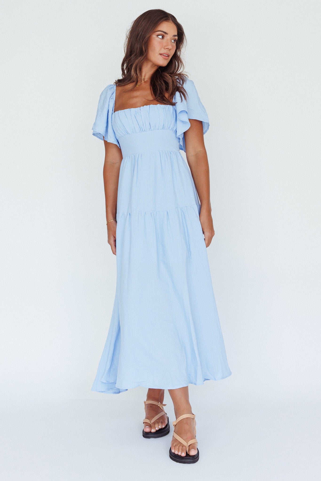 Sky-Blue Crepe Midi Dress - Laskari Fashion Brand