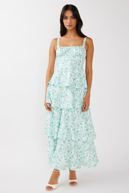 Shop the Provence Bloom Tiered Midi Dress Floral Green | Selfie Leslie