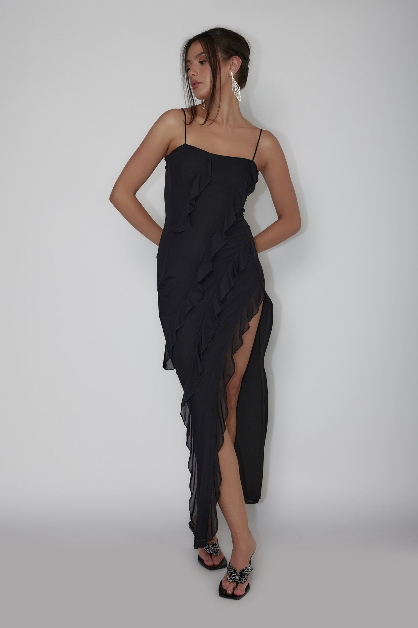 Shop the Catriona Split Ruffle Midi Dress Black Selfie Leslie