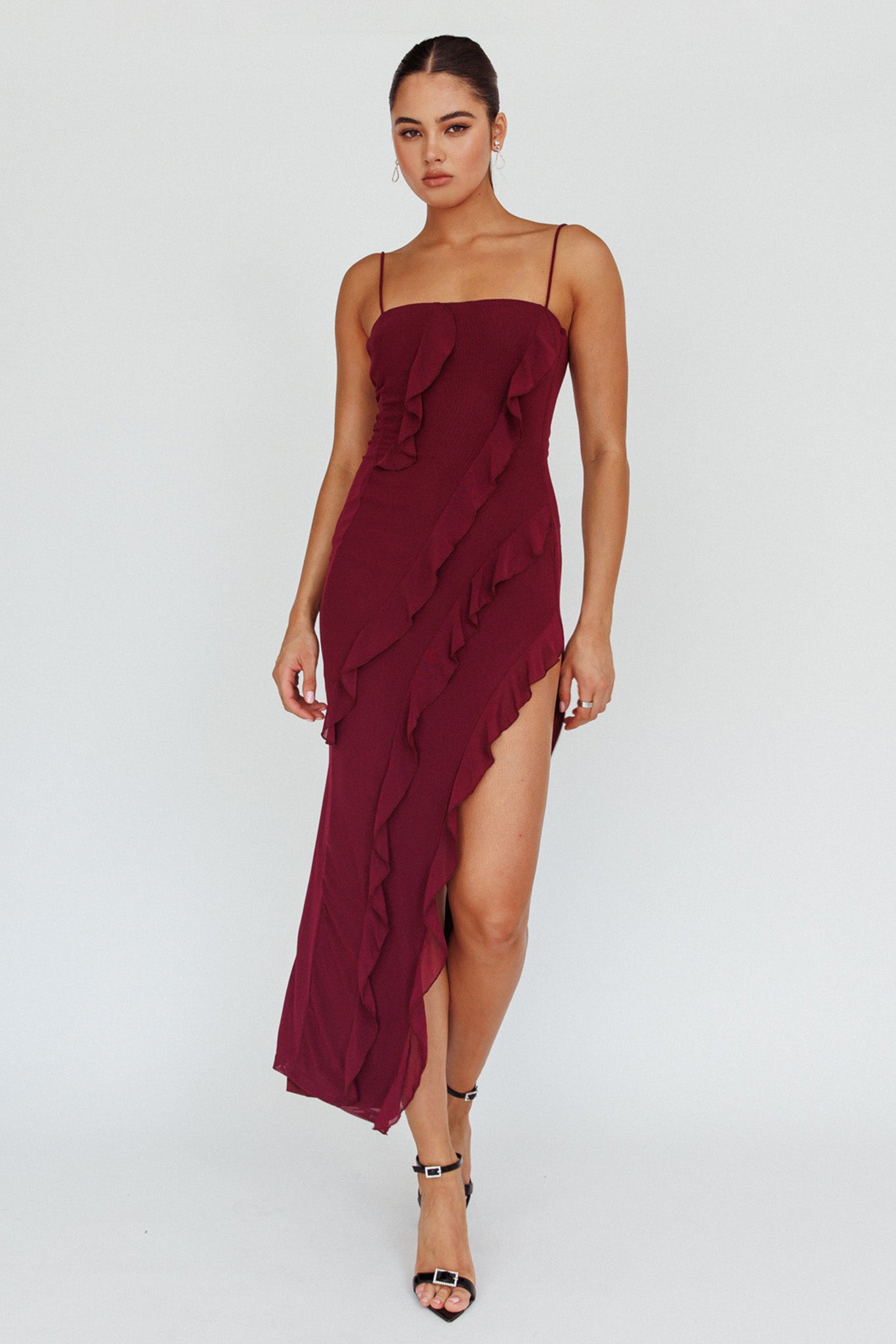 Shop the Catriona Split Ruffle Midi Dress Grape | Selfie Leslie