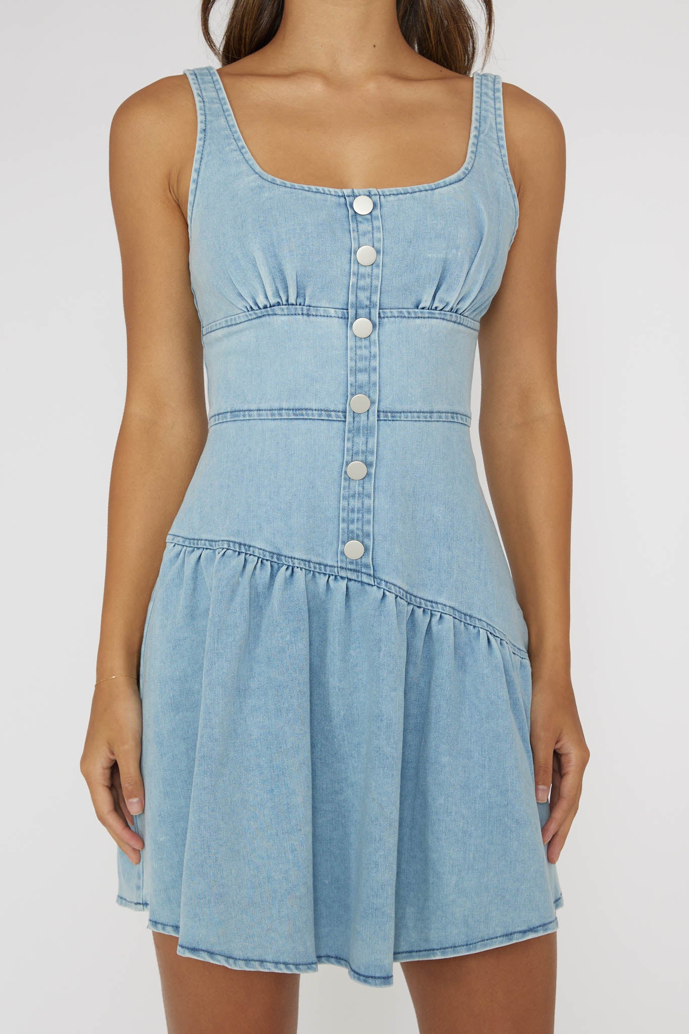 Shop the Pansy Flounce Hem Mini Dress Light Denim | Selfie Leslie