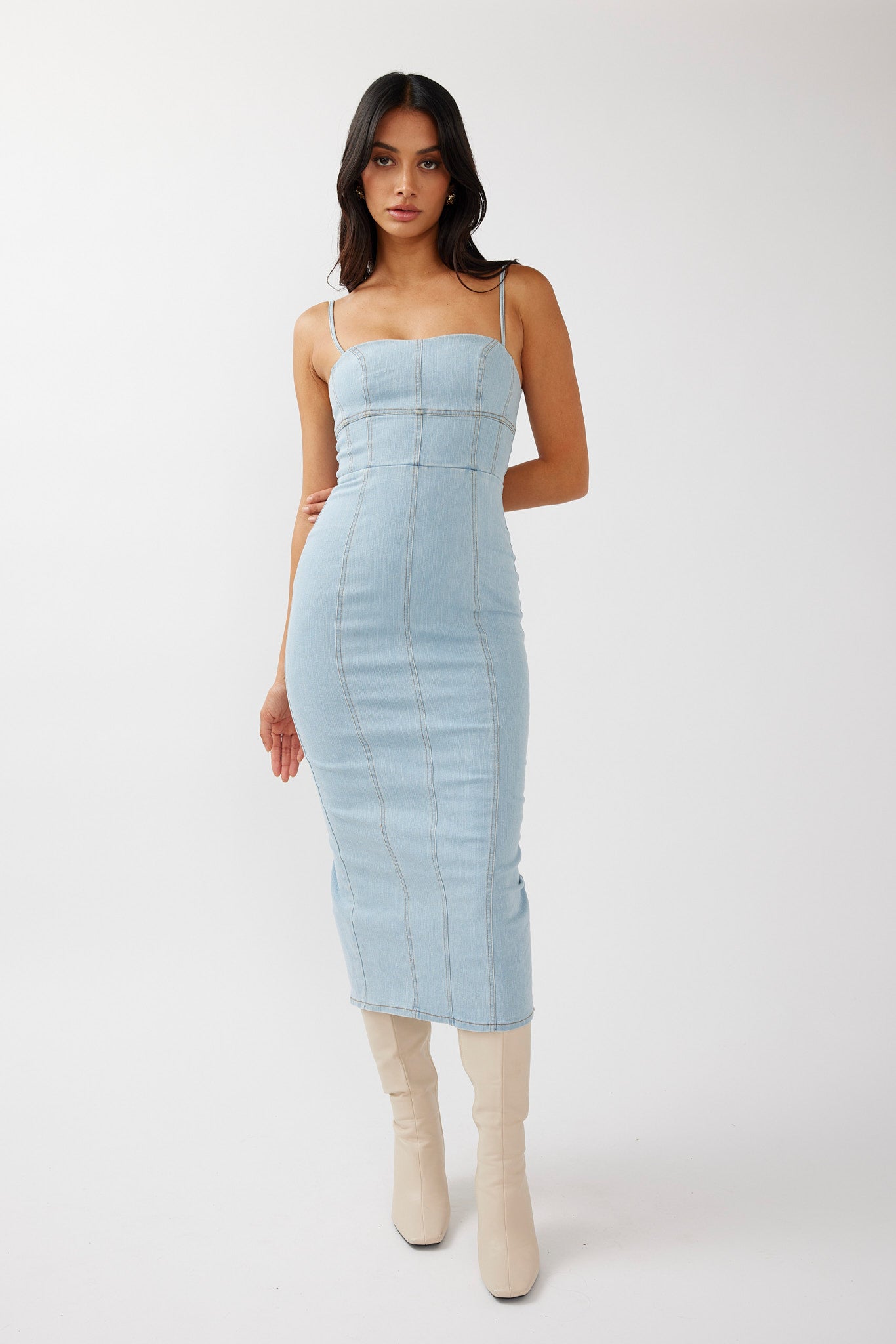 Shop the Lenni Denim Midi Dress Light Blue | Selfie Leslie