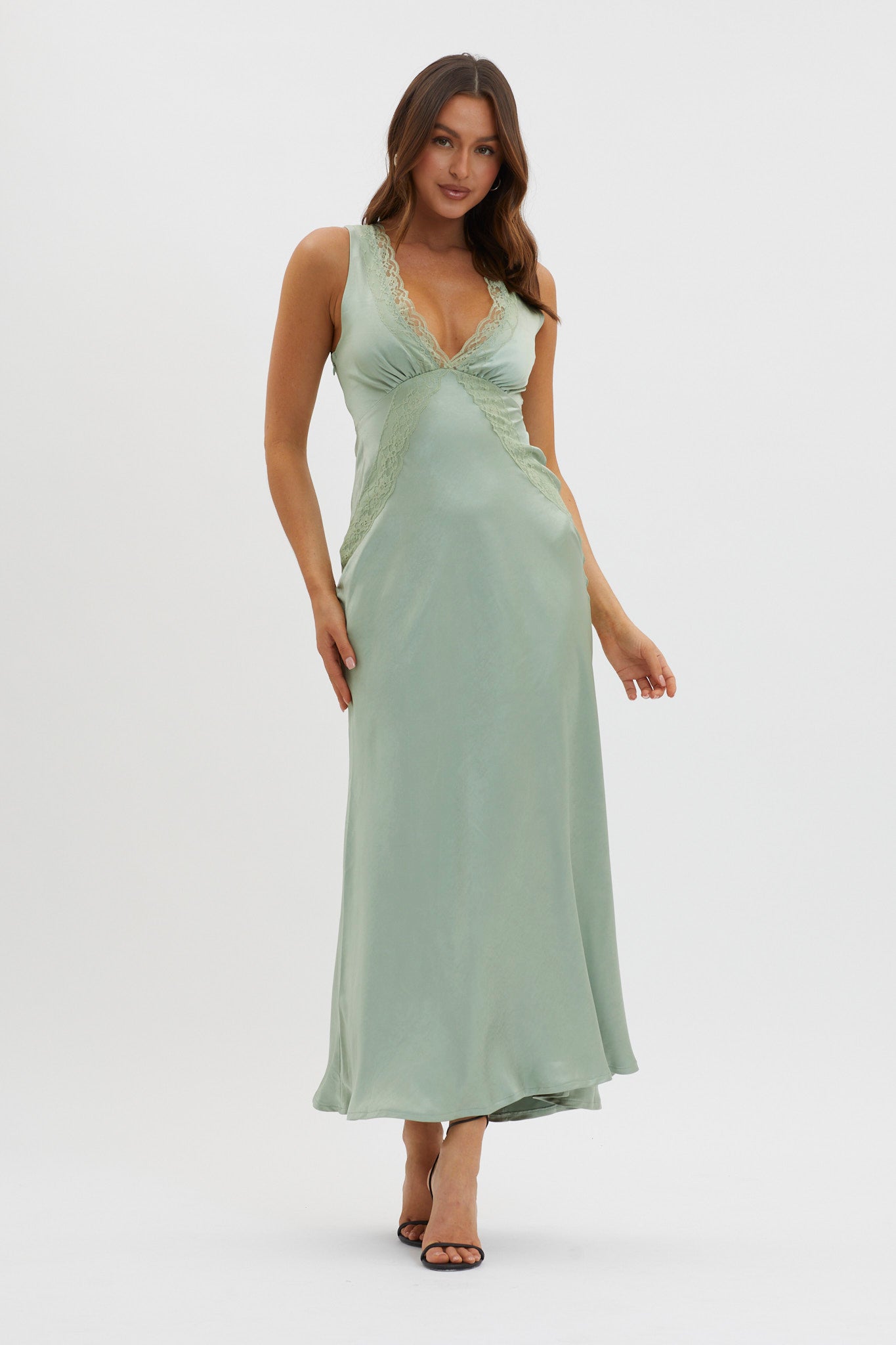 Ivonne Lace Trim V Neck Maxi Dress Sage