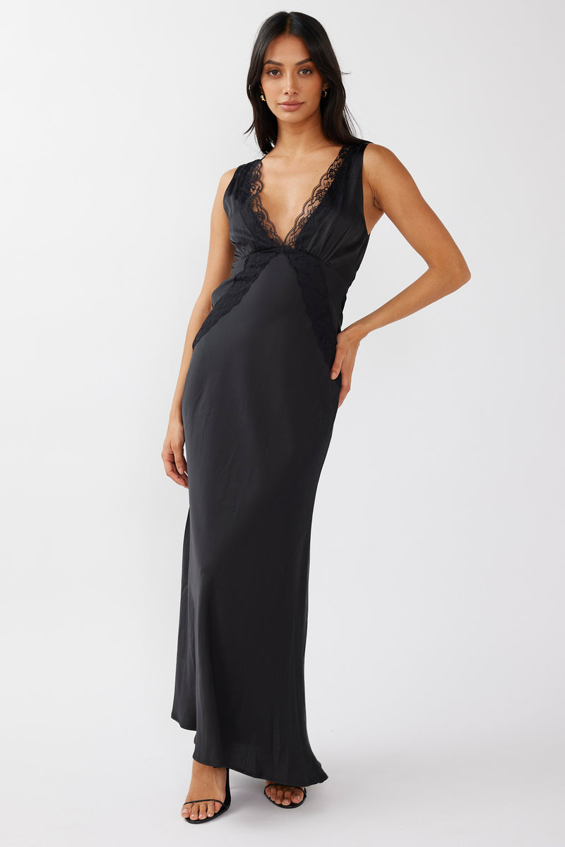 Shop the Ivonne Lace Trim V-Neck Maxi Dress Black | Selfie Leslie