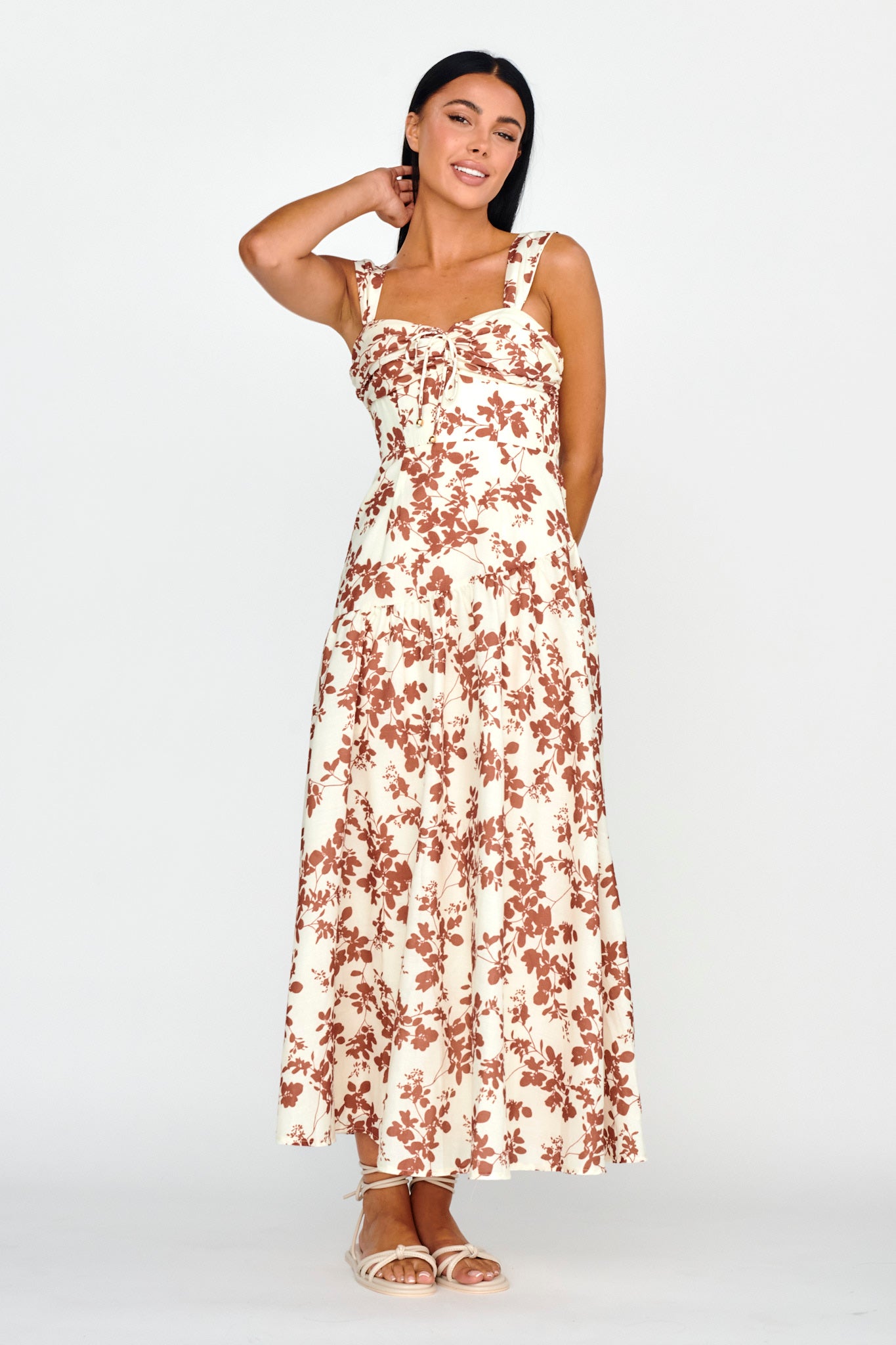 Shop the Nichola Ruched Bust Midi Dress Floral Brown | Selfie Leslie