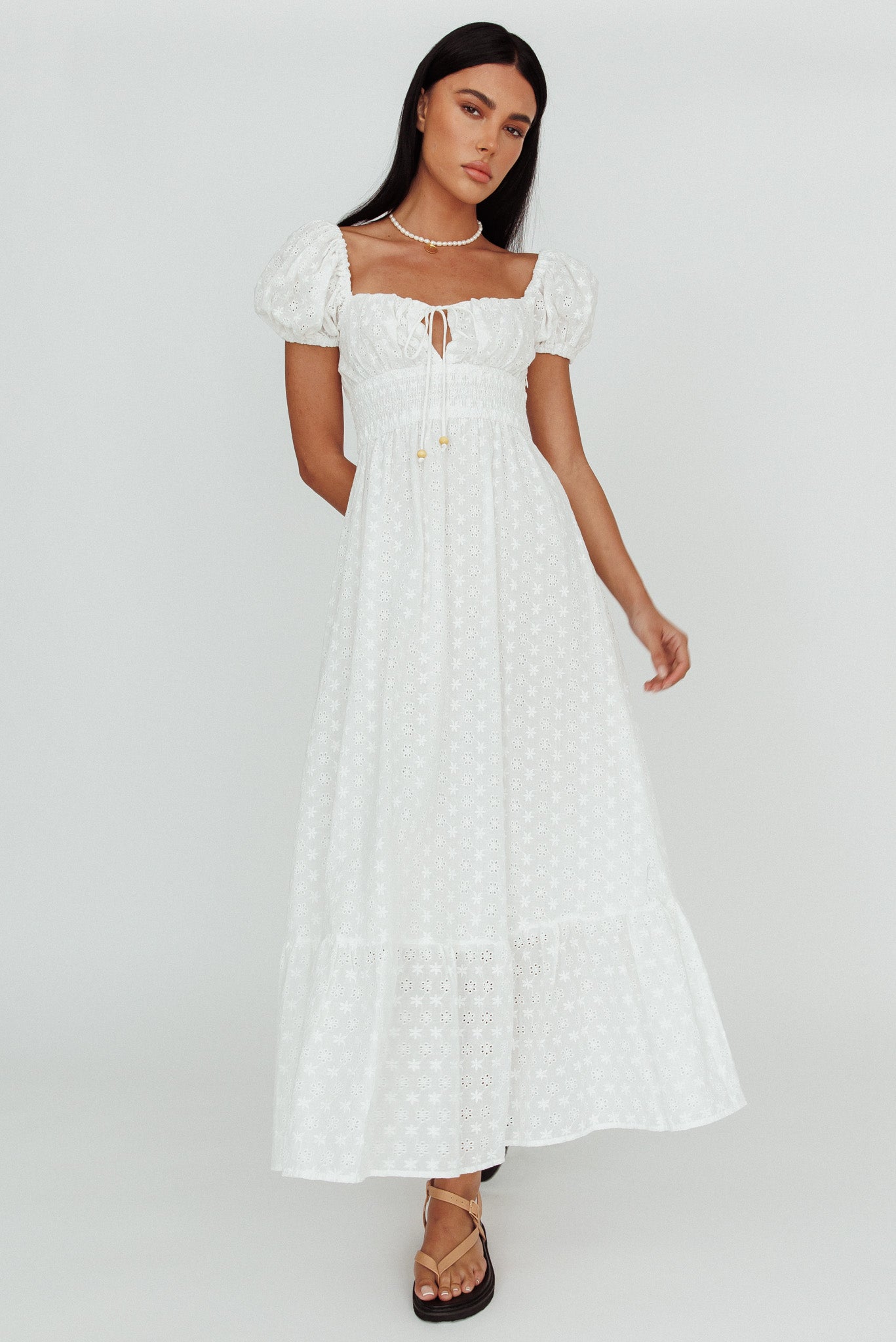 Shop the Sia Puff Sleeve Eyelet Maxi Dress White | Selfie Leslie