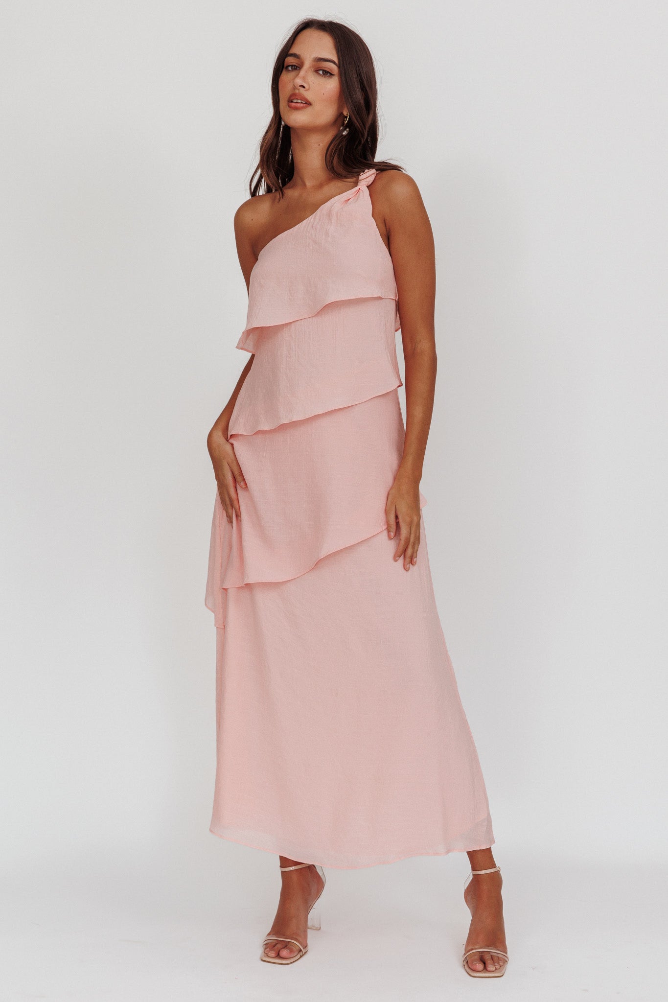 Shop the Delwyn One-Shoulder Maxi Dress Baby Pink | Selfie Leslie