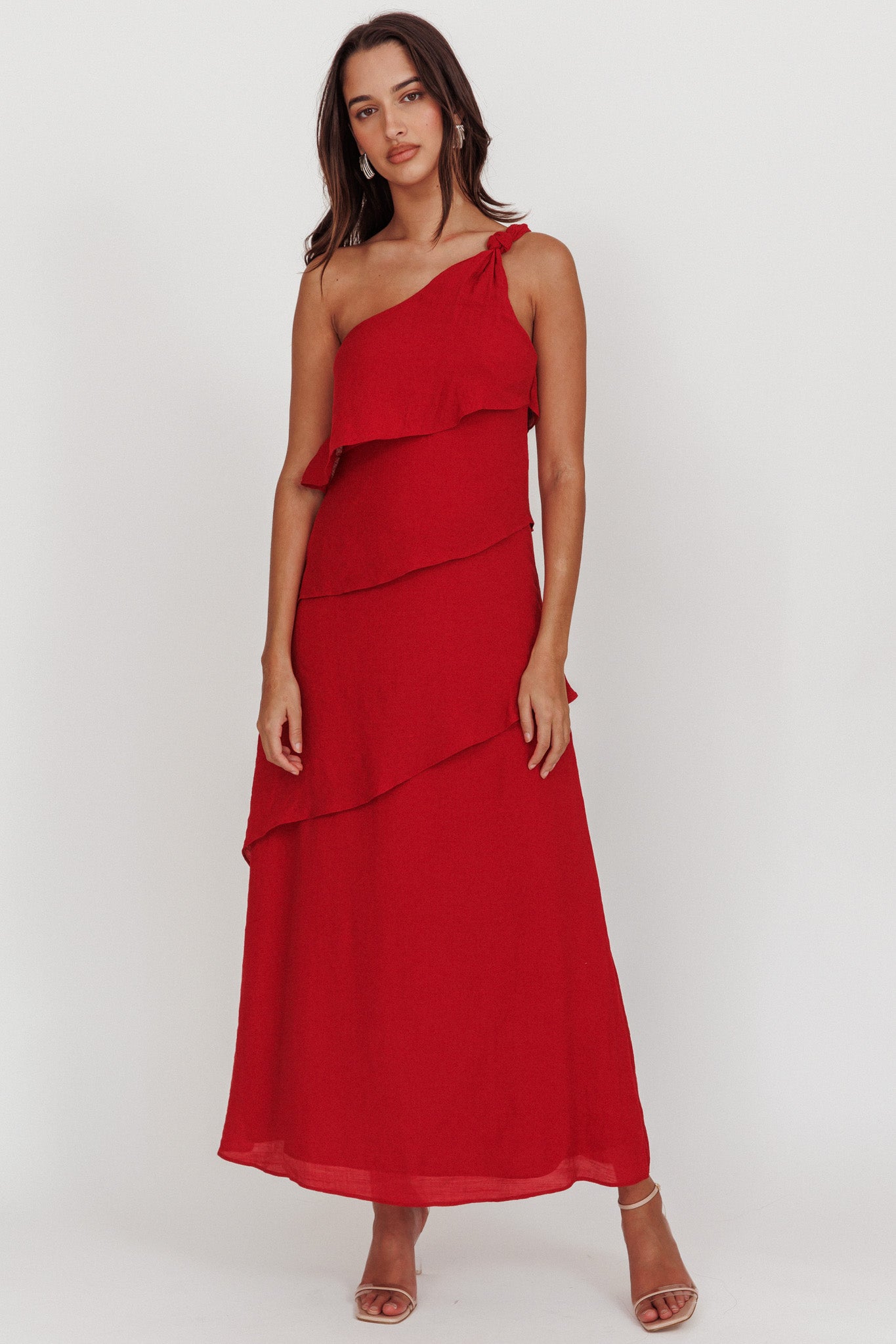 One shoulder maxi dress red fashion