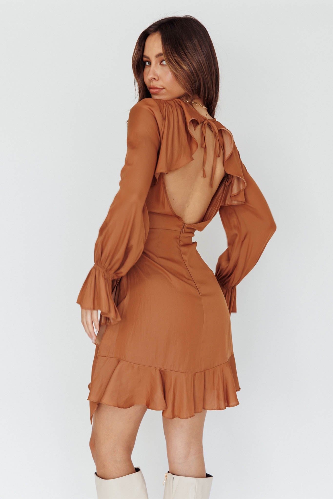 Shop the Darla Long Sleeve Satin Dress Tan