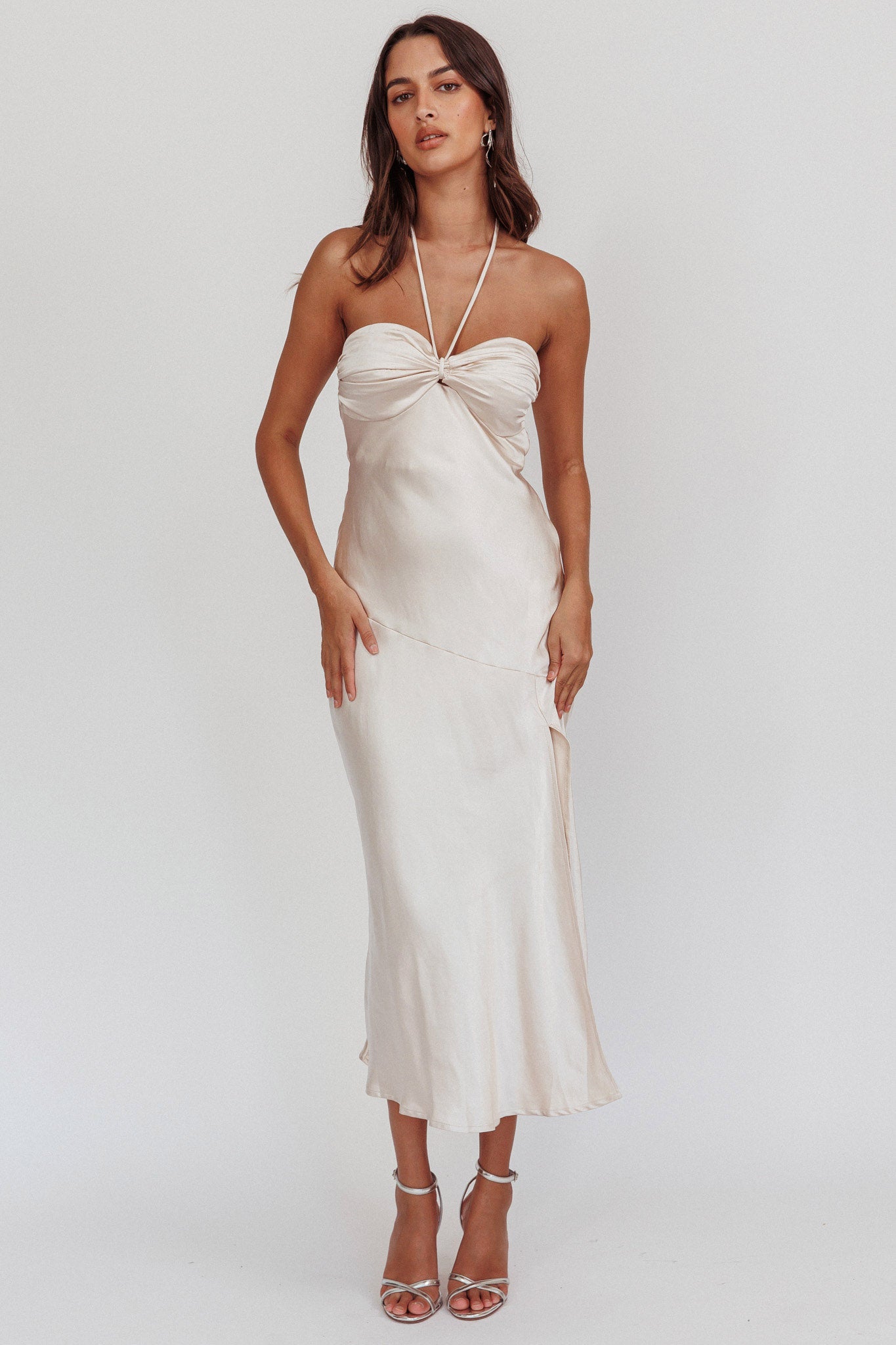 Shop the Kindred Spirit Strapless Gathered Bust Midi Dress Champagne ...