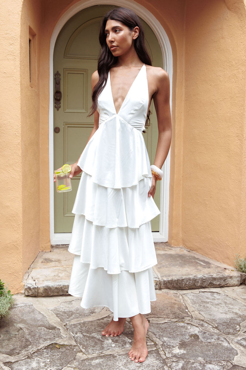 Shop the Auguste Tiered Frill Strappy Back Dress Ivory | Selfie Leslie