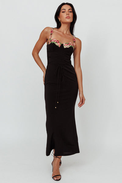 Black Rose Applique Crepe Dress