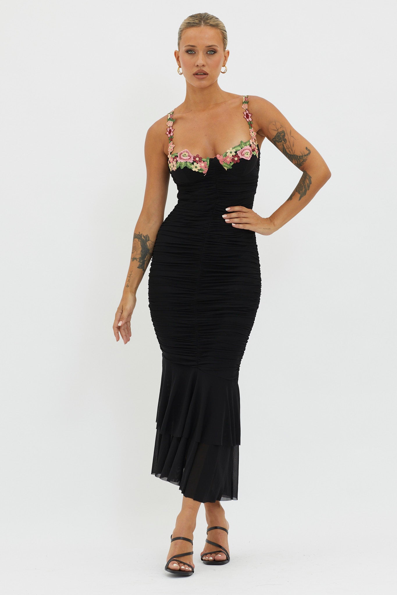 Shop the Rose Garden Ruched Mesh Midi Dress Black