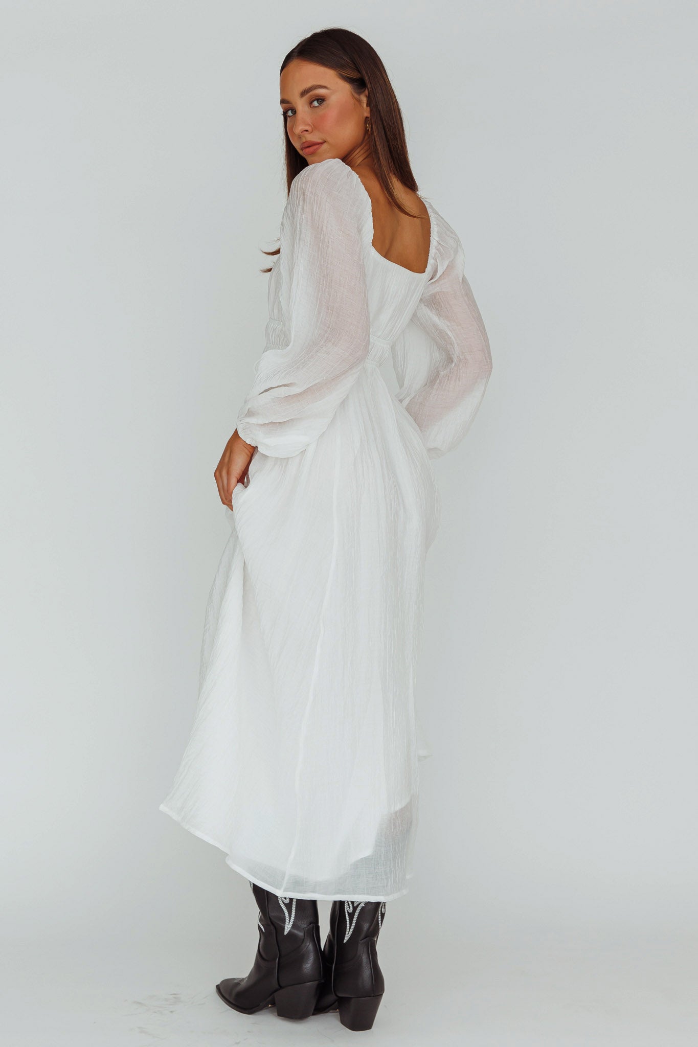 Shop the Kylin Balloon Sleeve Tied Bust Maxi Dress White | Selfie 